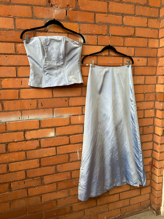 90’s Vintage Iridescent Blue Floral Corset & A-line Skirt Set / Size 2-4