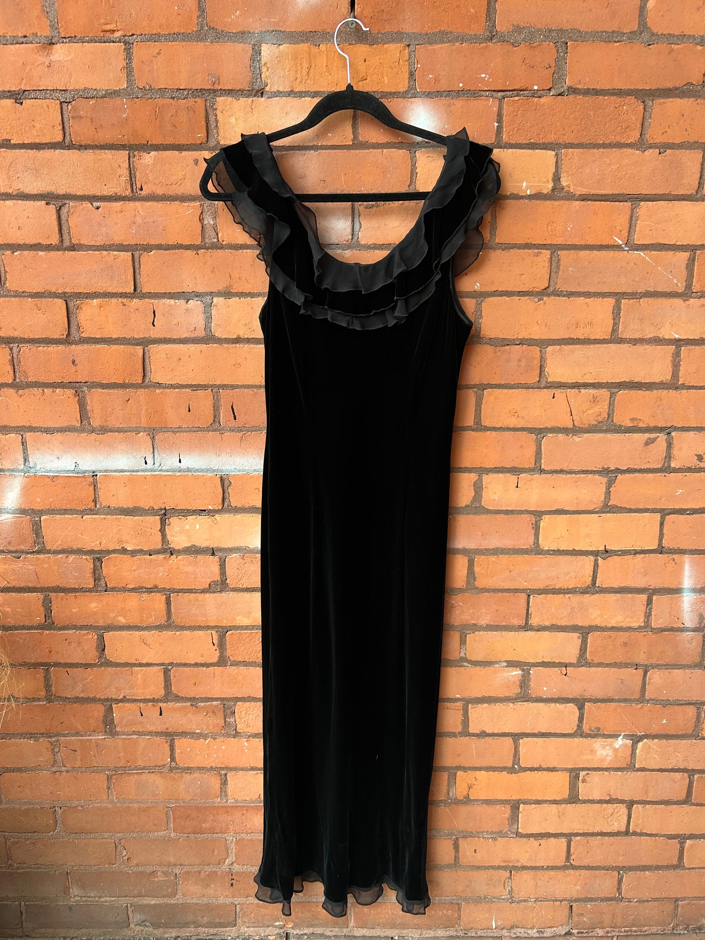 90’s Vintage Black Velvet & Silk Flutter Sleeve Maxi Dress / Size XXL