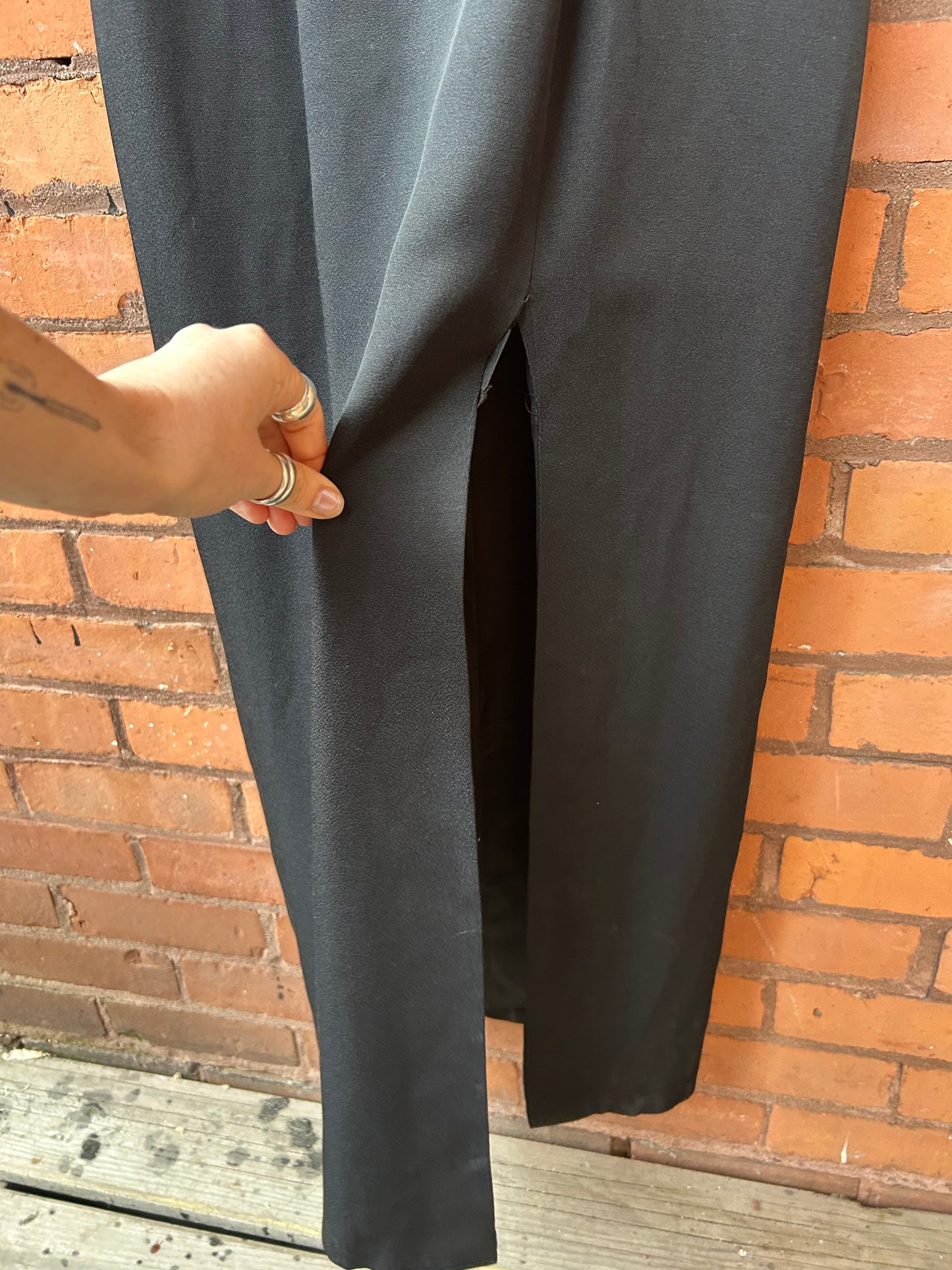 90’s Vintage Black Beaded Short Sleeve High Slit Dress / Size 8-10