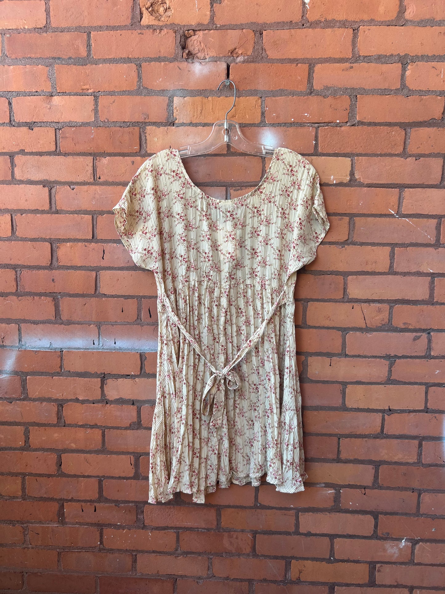 90’s Vintage Beige & Pink Floral Button Down Babydoll Dress / Size M