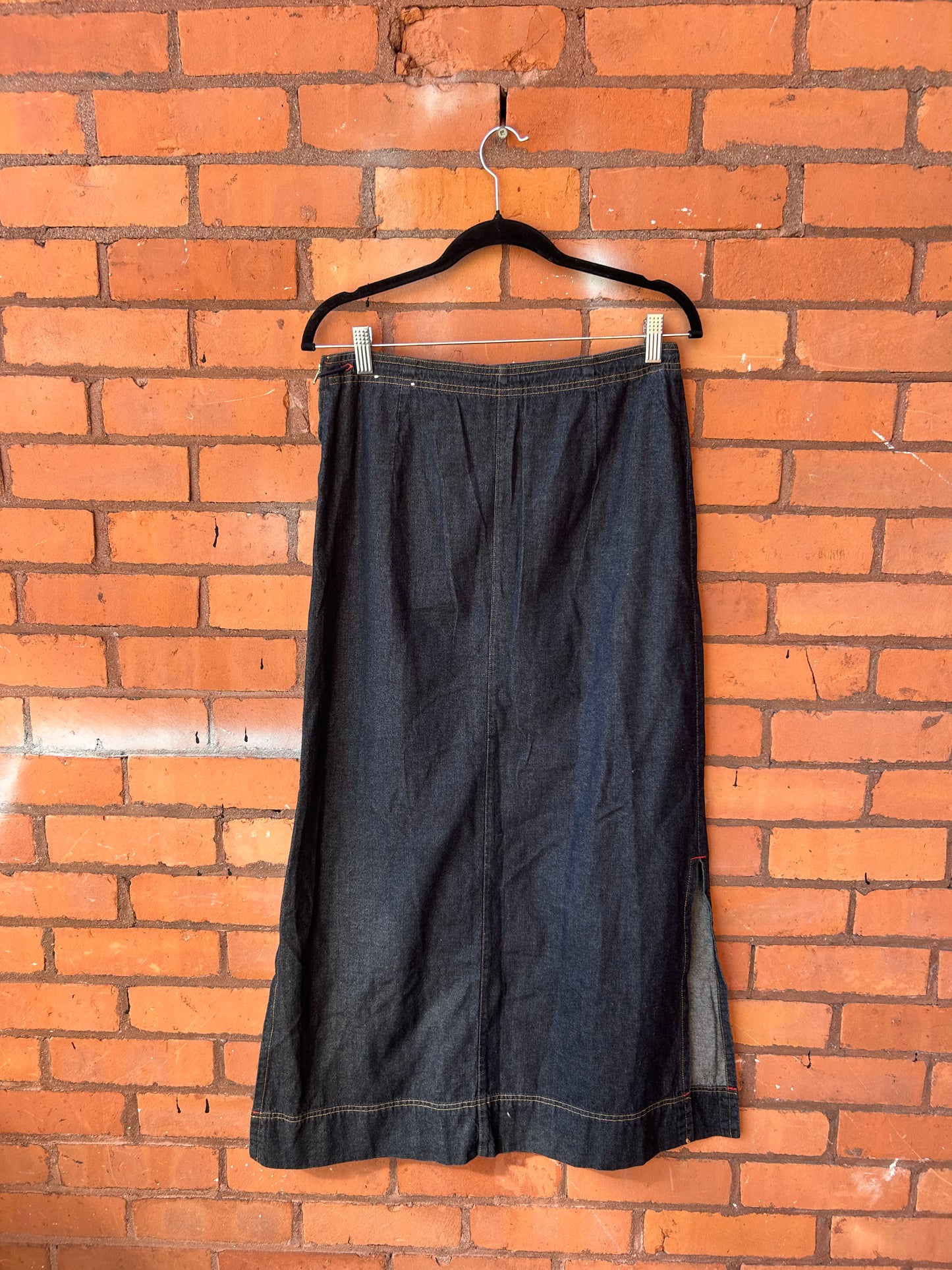 90’s Vintage Denim Front Pocket Cargo Maxi Skirt / 28 Waist