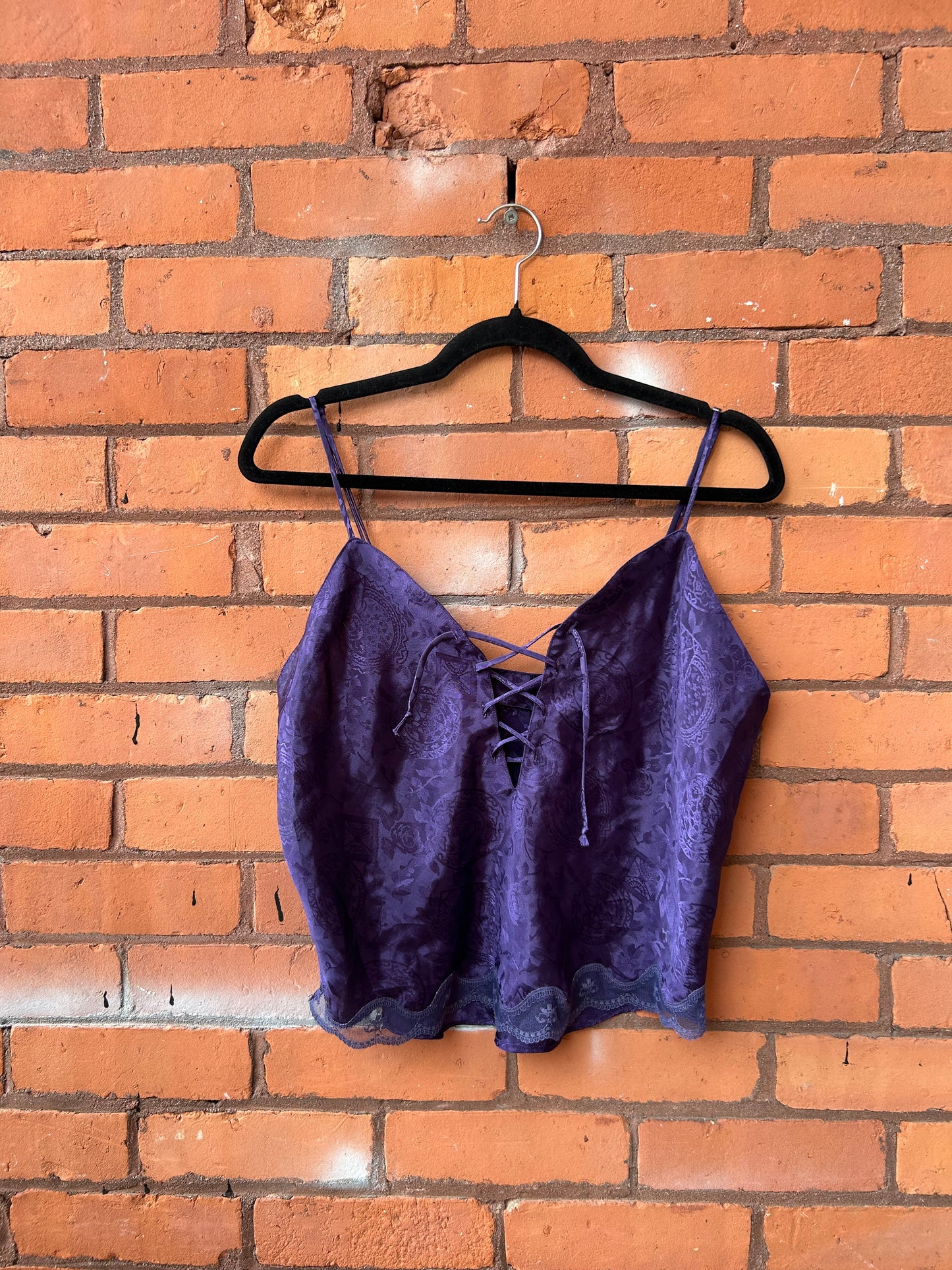 90’s Vintage Purple Floral Satin Lace Up Tank Top / Size L