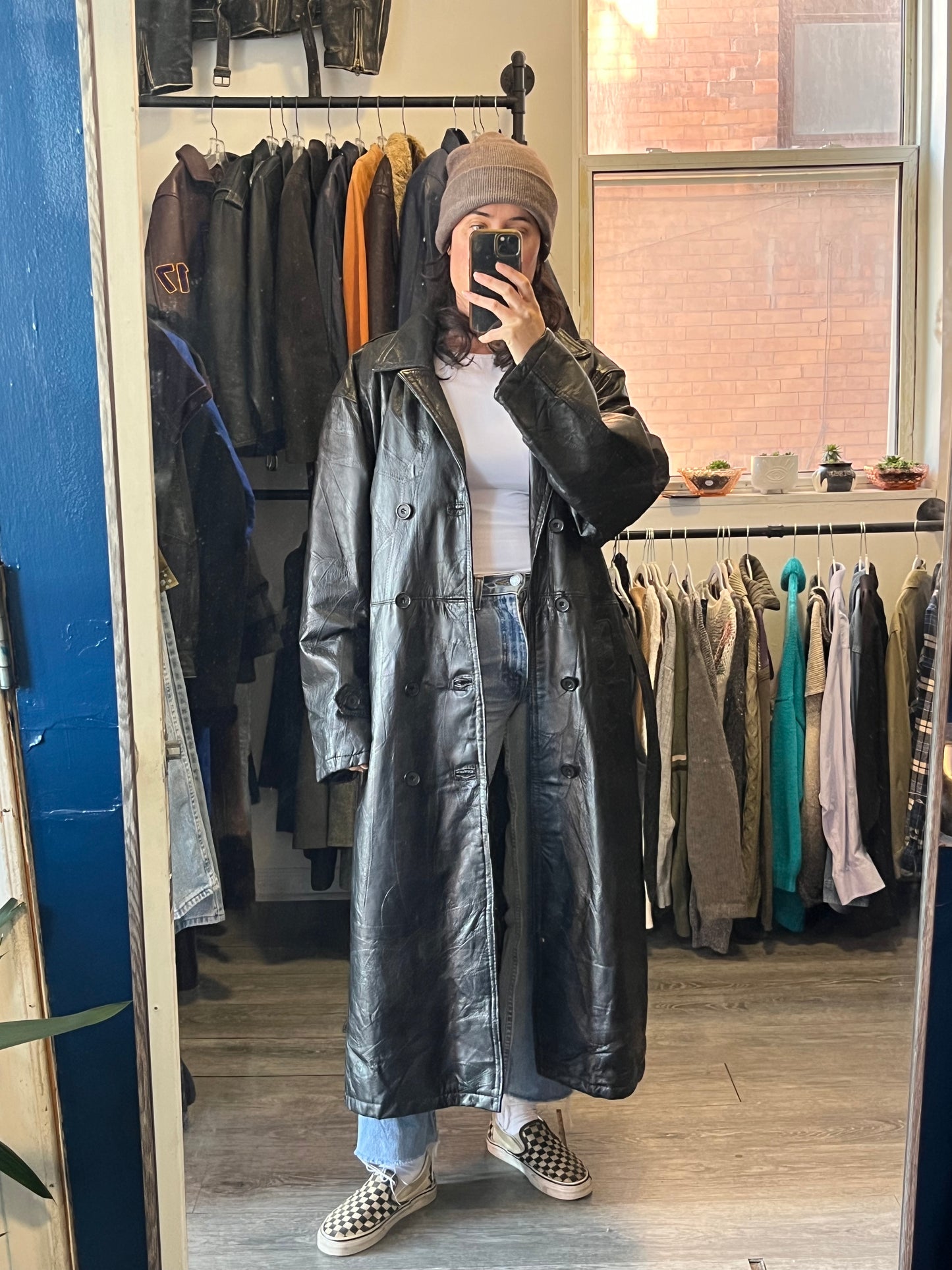 90’s Vintage Black Leather Patchwork Double Breasted Trench Coat / Size XL