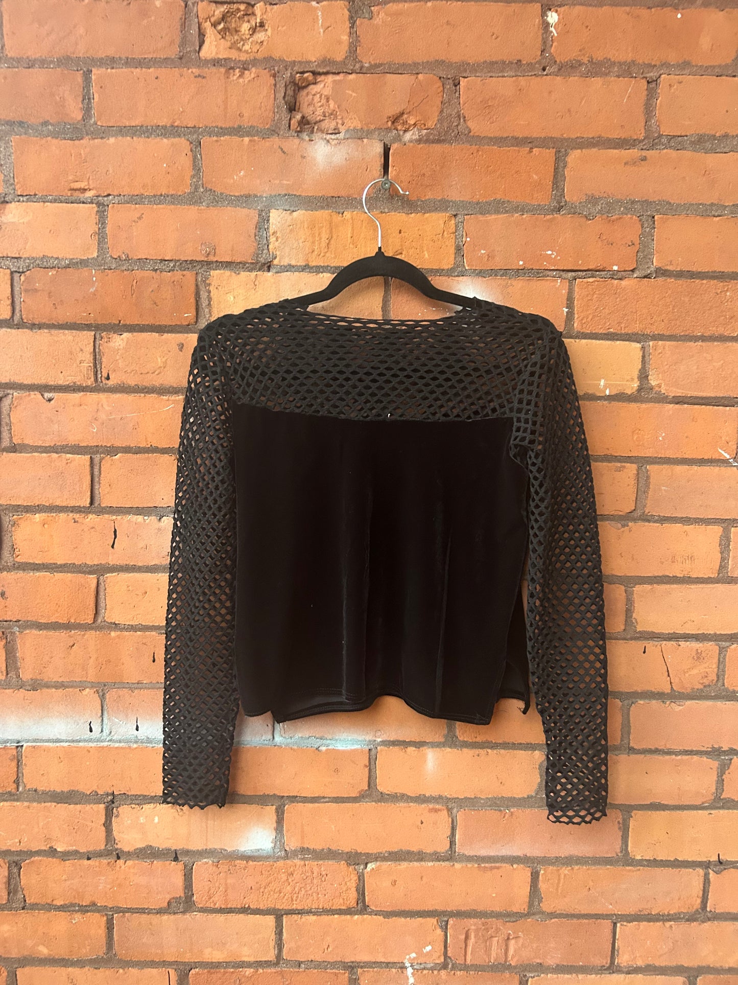 90’s Vintage Black Velvet Fishnet Long Sleeve Top / Size S