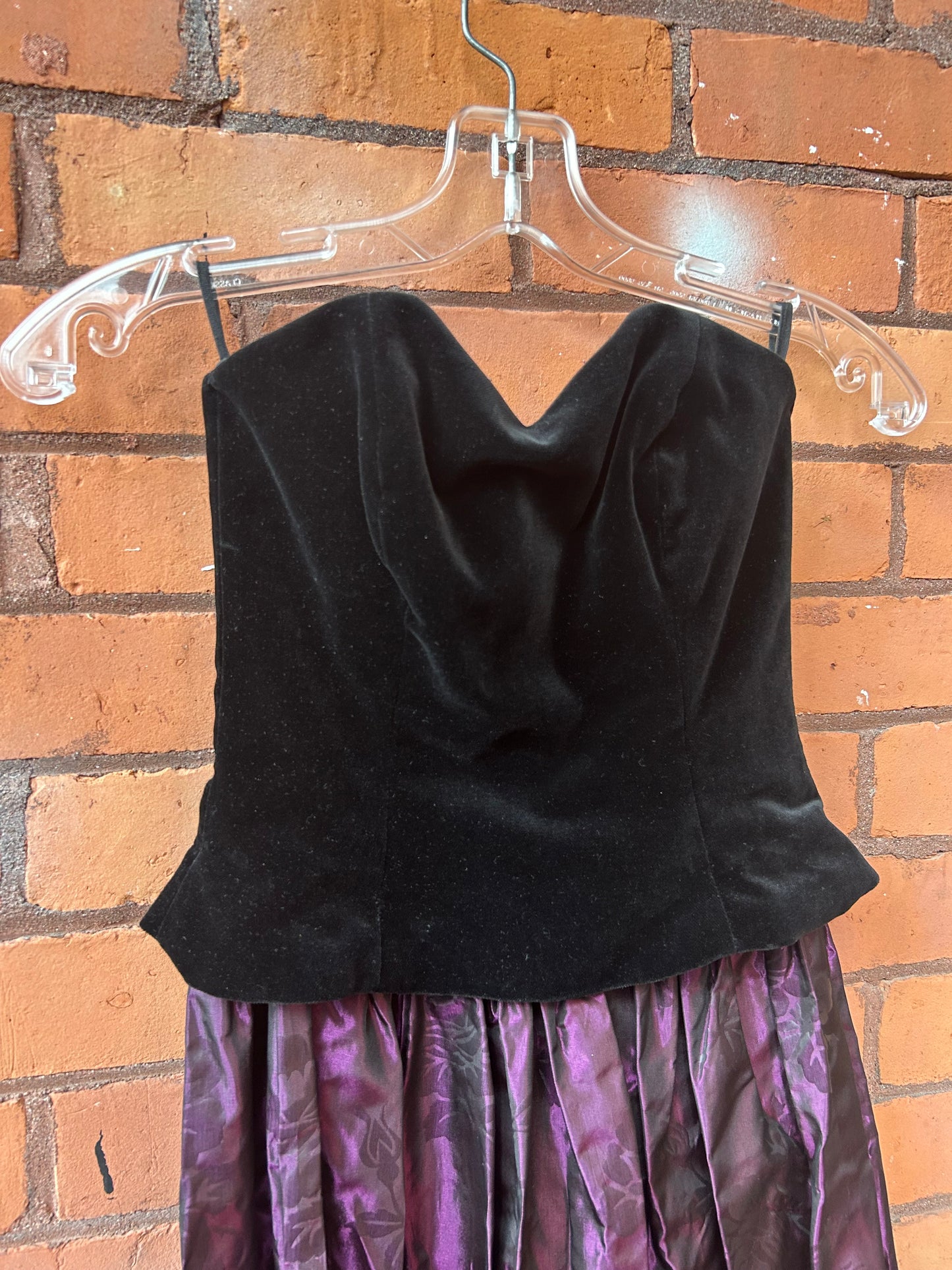 90’s Vintage Laura Ashley Black Velvet Corset Purple Floral Gown / Size 0-2