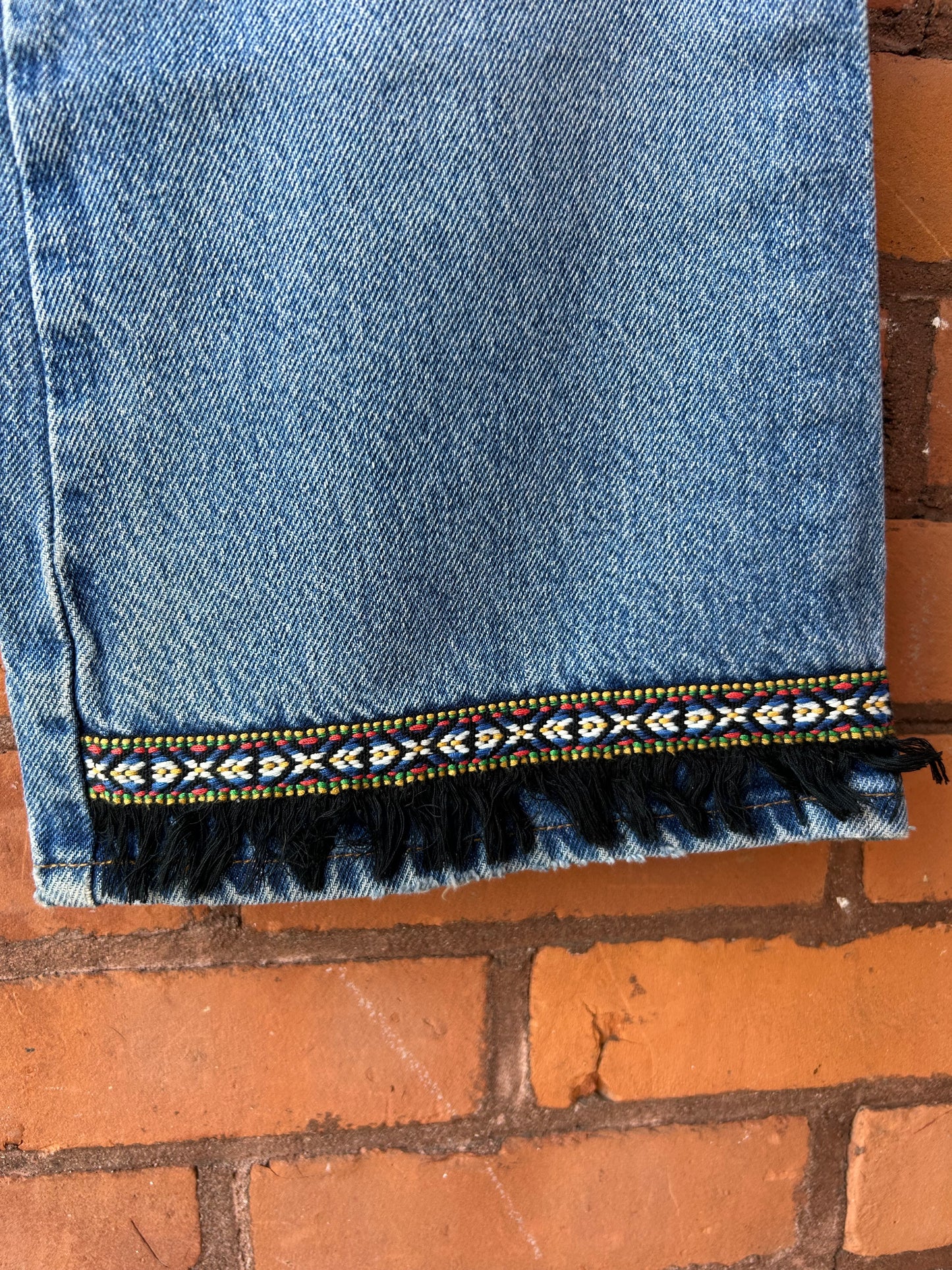 90’s Vintage Fringe Trim Mid Rise Flare Jeans / 32 Waist