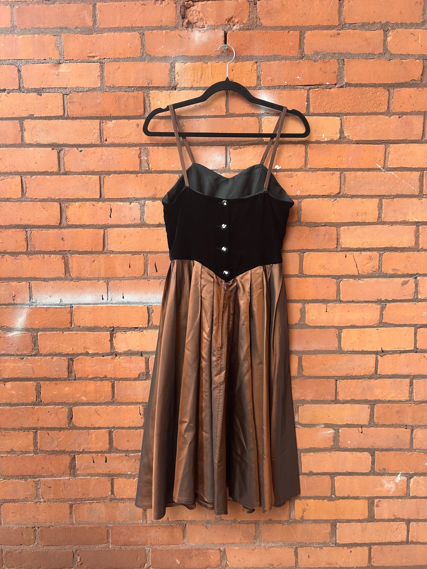 90’s Vintage Brown & Black Velvet Pleated Princess Cut Midi Dress / Size 2-4
