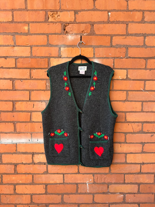 90’s Vintage Grey Wool Flower & Heart Sweater Vest / Size L