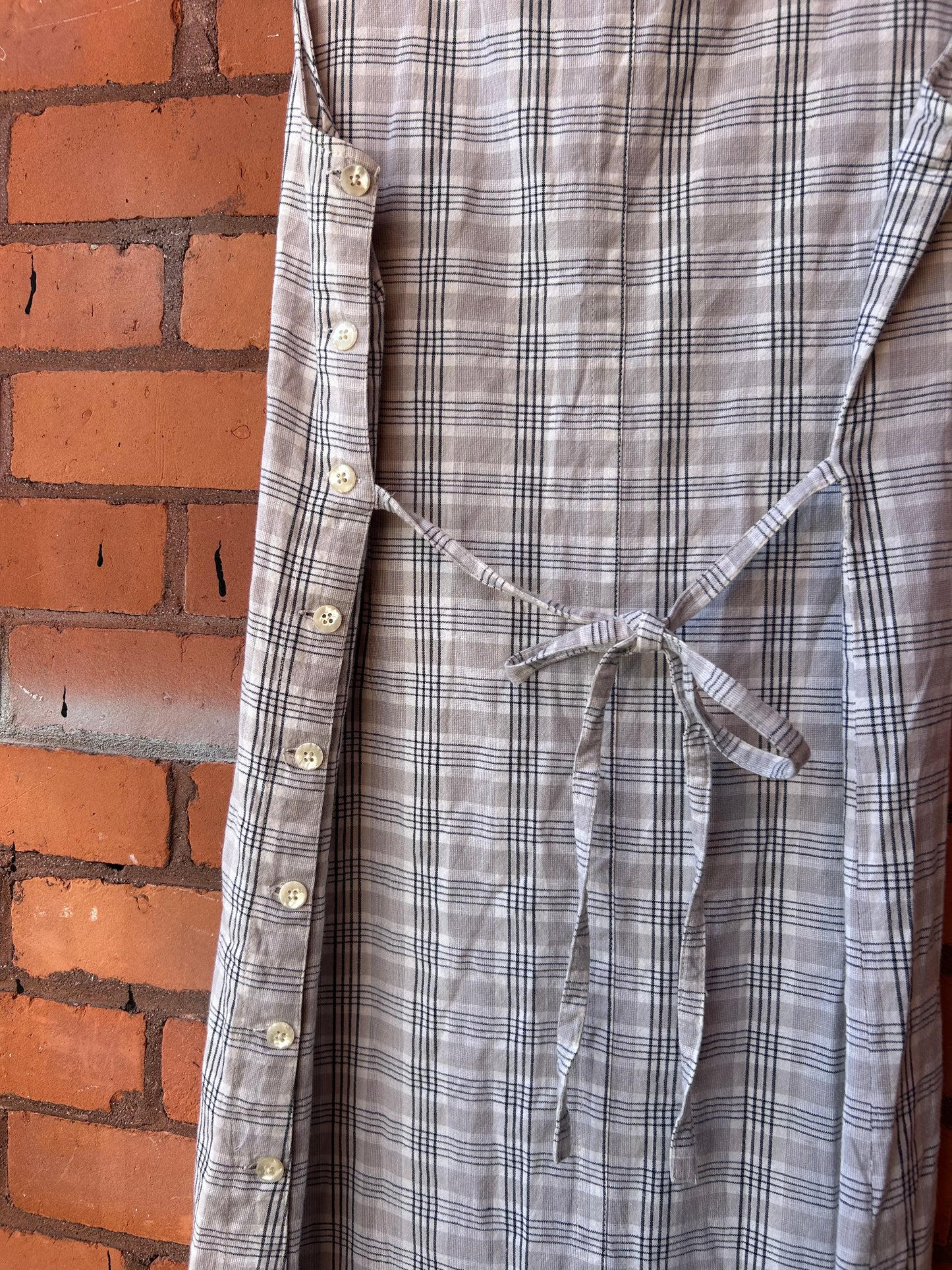 90’s Vintage Beige & White Plaid Cotton Button Side Maxi Dress/ Size M