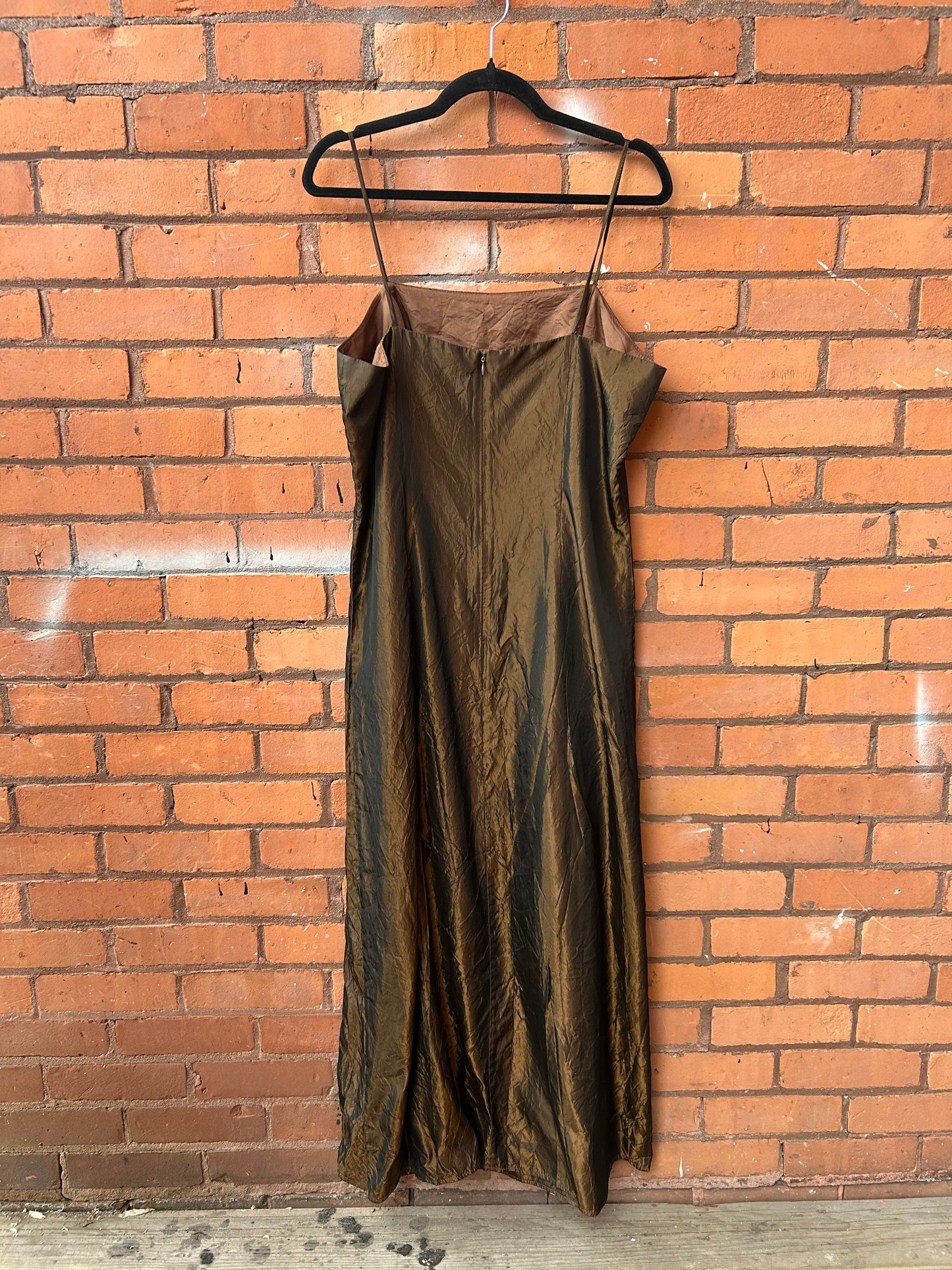 90’s Vintage Brown Metallic Square Neck Dress & Bolero Set / Size 14-16
