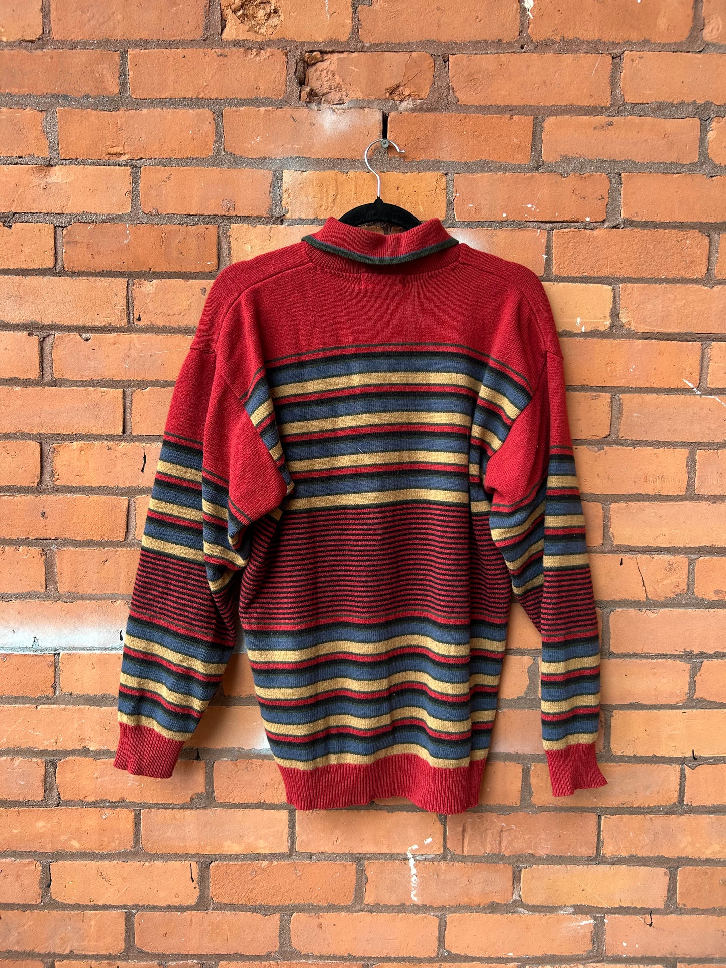 90’s Vintage Red Yellow & Blue Striped Lambswool Henley Sweater / Size L