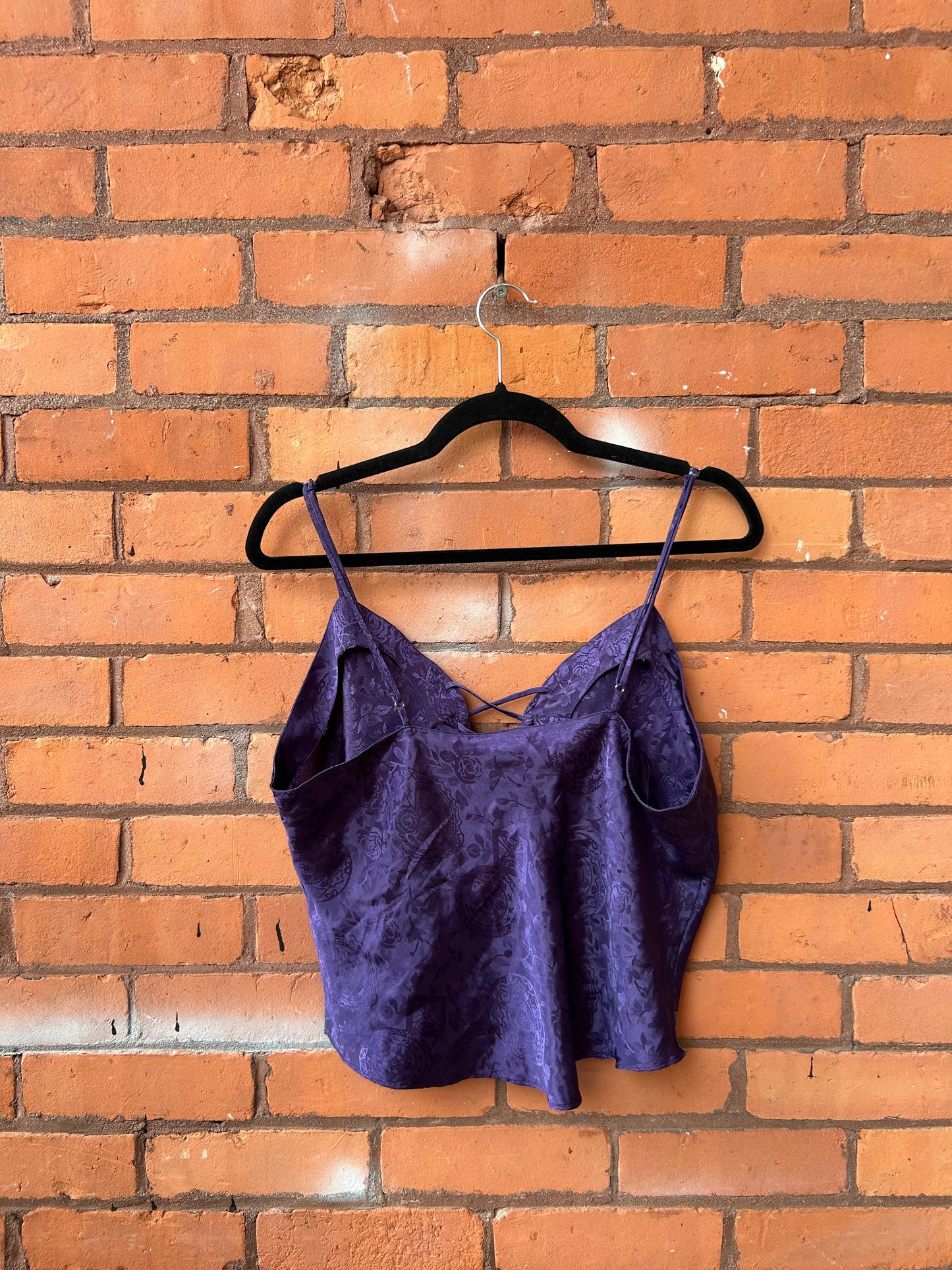 90’s Vintage Purple Floral Satin Lace Up Tank Top / Size L
