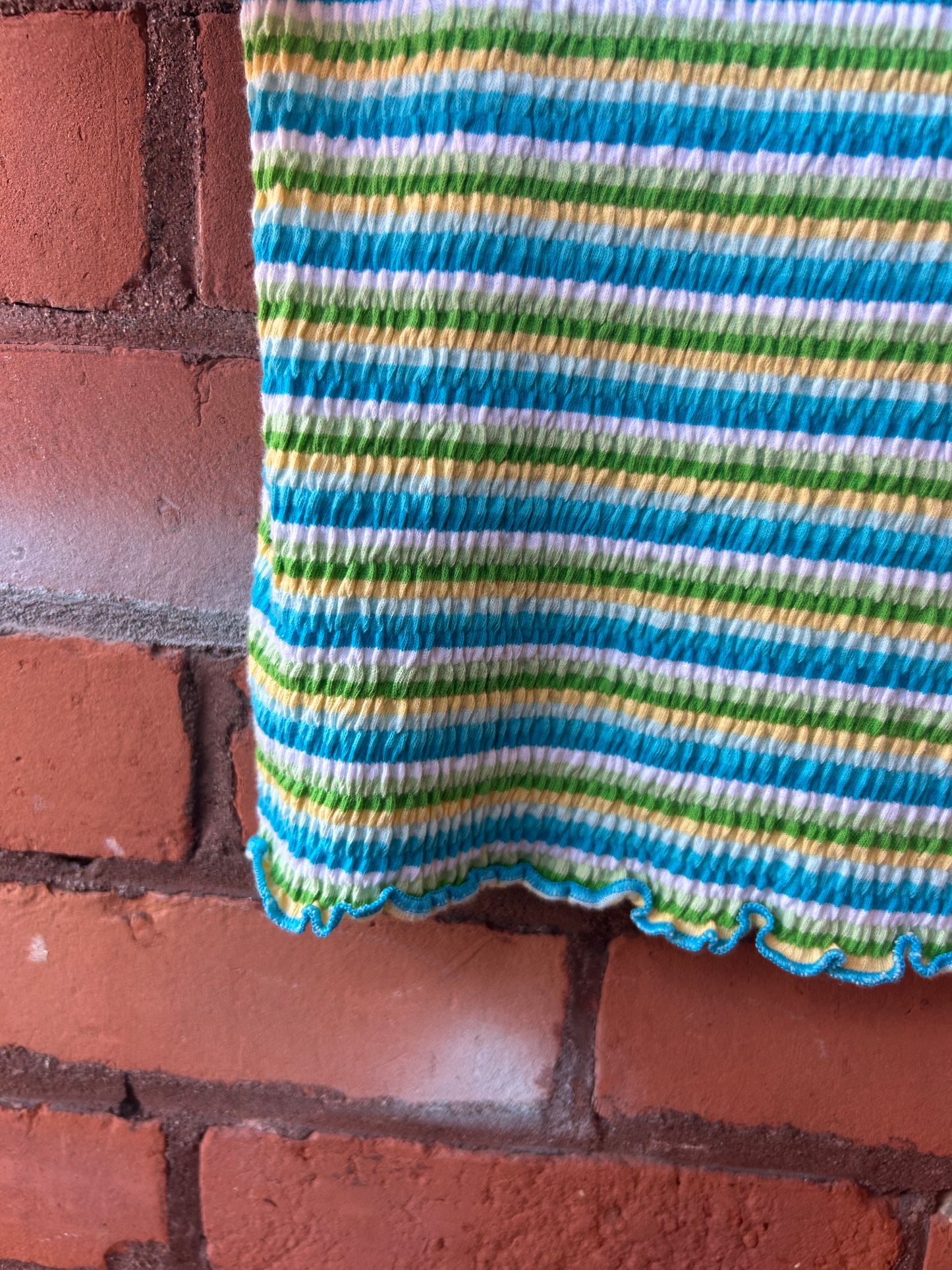 90’s Vintage Blue & Green Striped Ruched Tee / Size L