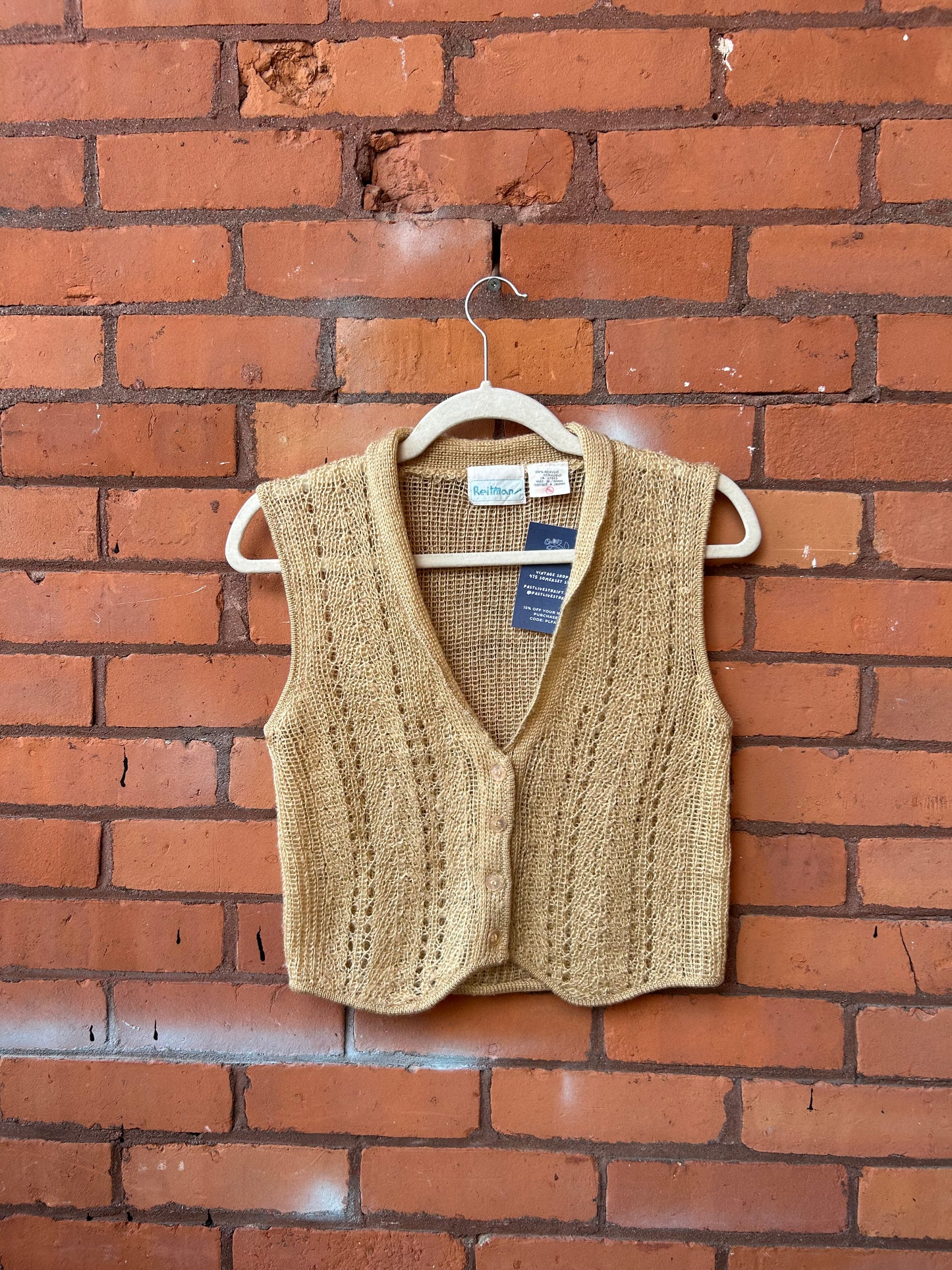 90’s Vintage Tan Crotchet Cropped Sweater Vest / Size S