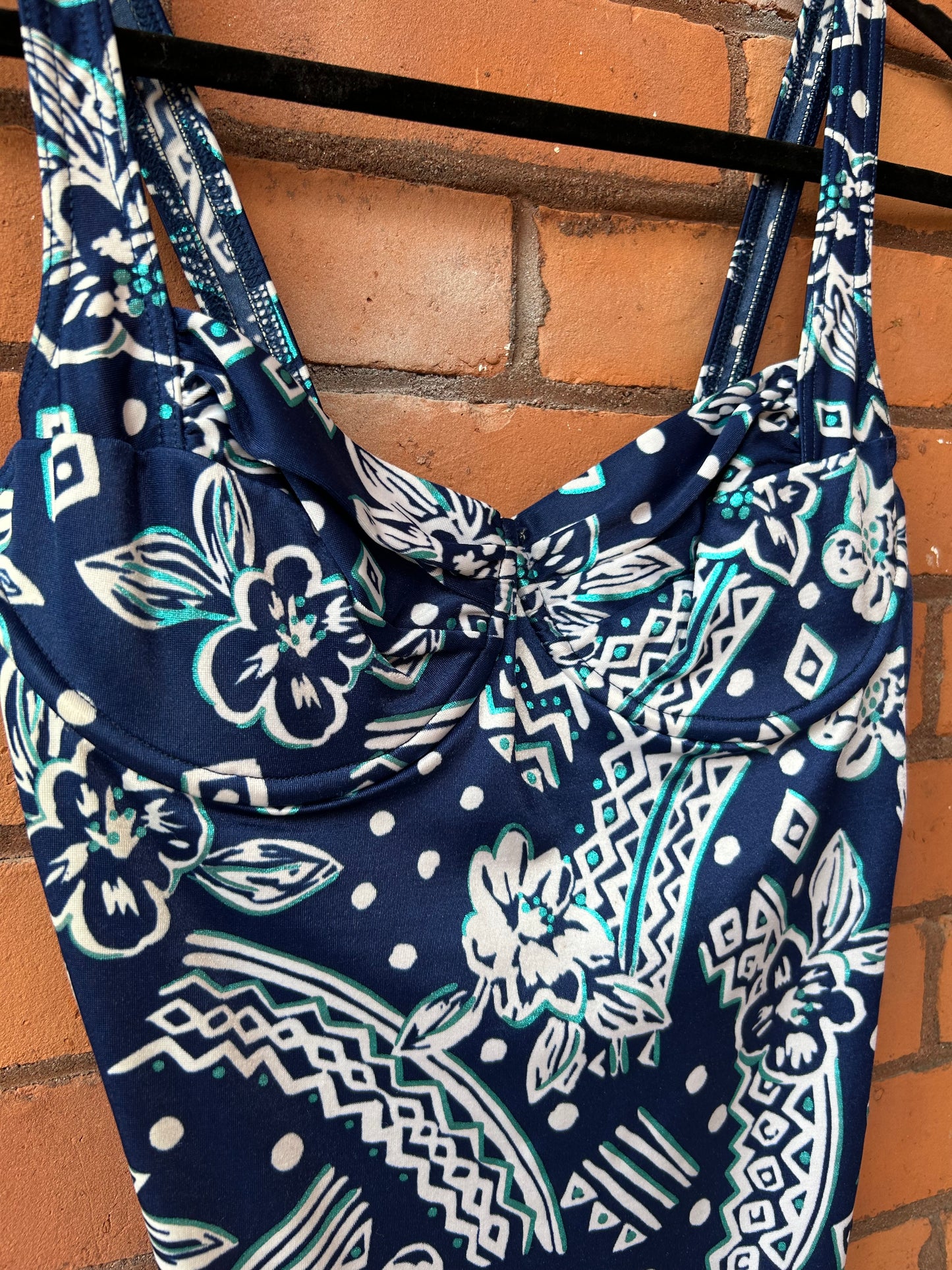 90’s Vintage Blue Floral Swim Suit / Size L