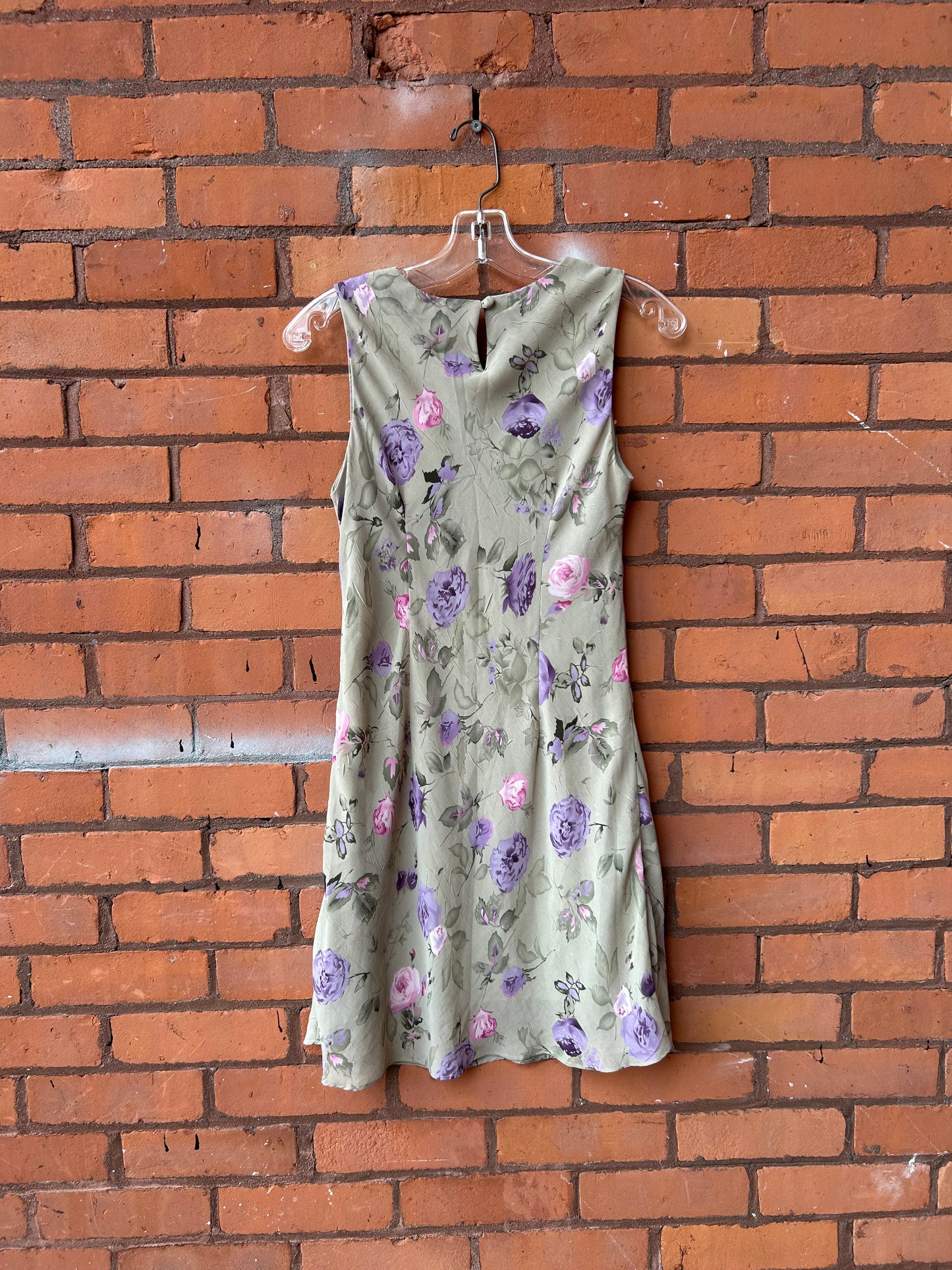 90’s Vintage Green Rose Print High Neck Mini Dress / Size 6-8