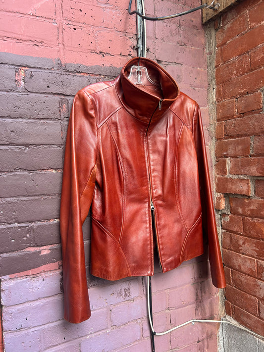 Y2K Vintage Taracotta Brown Leather Funnel Neck Jacket / Size M