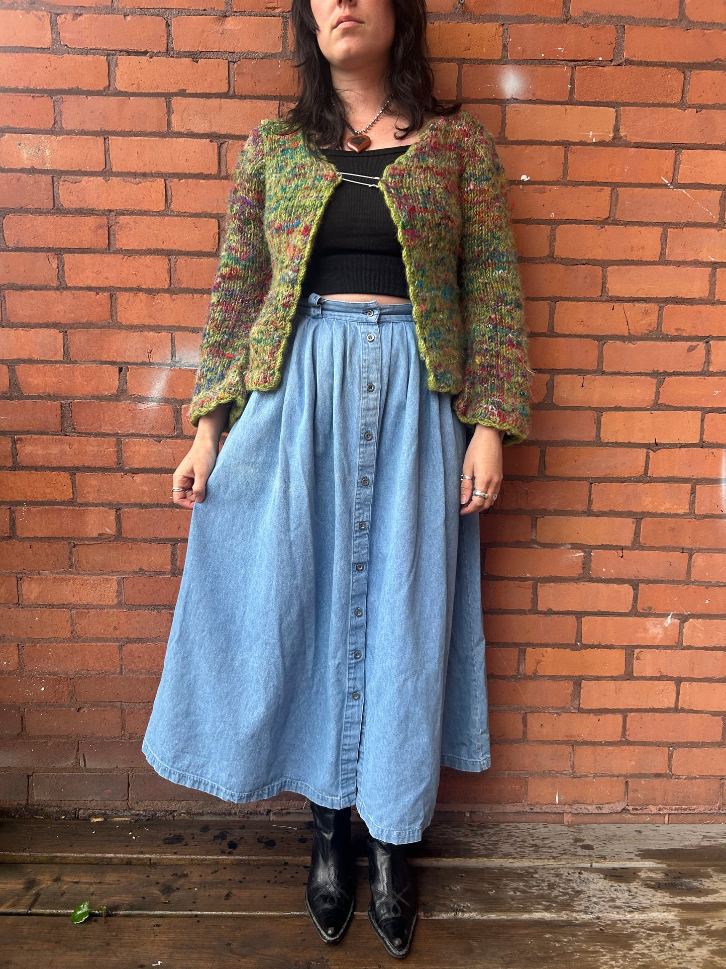 90’s Vintage Green & Rainbow Chunky Wool Cardigan / Size M