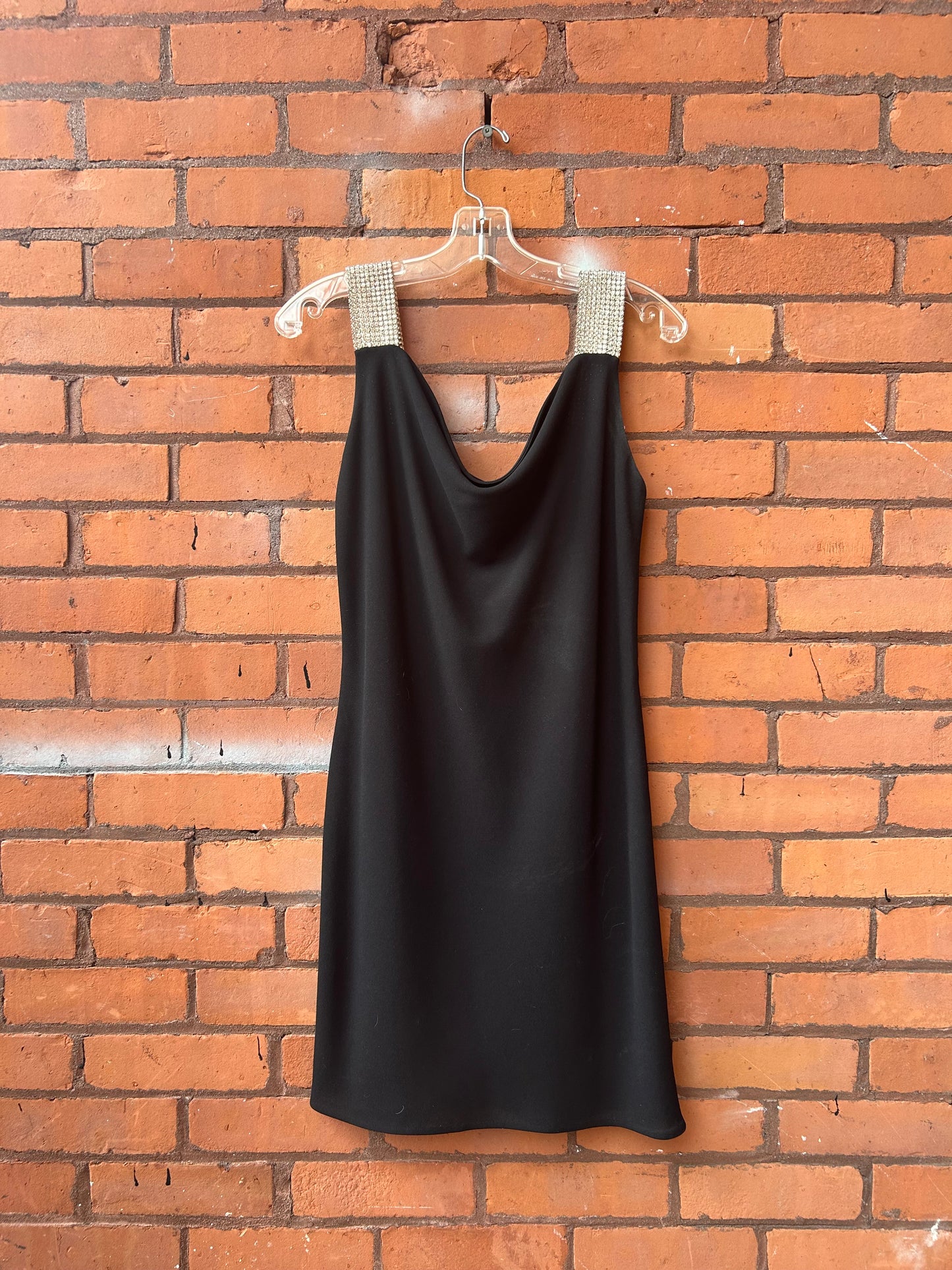 90’s Vintage Holt Renfrew Black Rhinestone Strap Mini Dress / Size 10-12