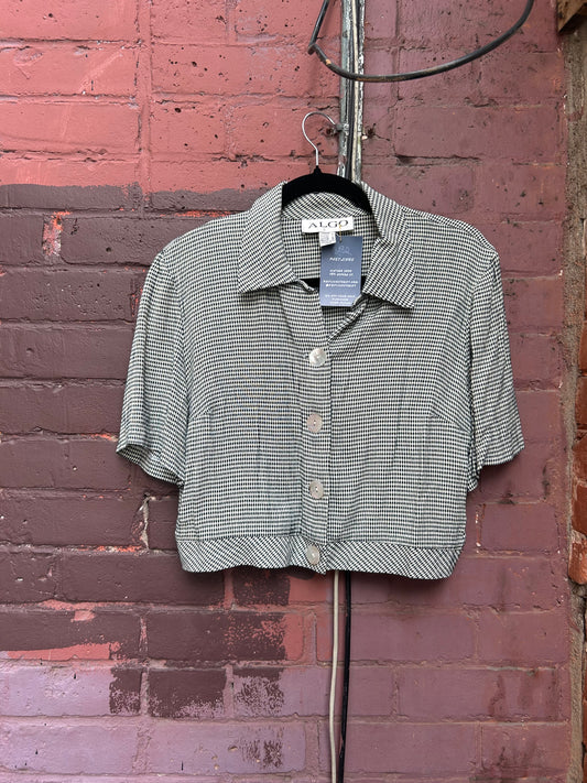 90’s Vintage Black & White Gingham Cropped Short Sleeve Blouse / Size M
