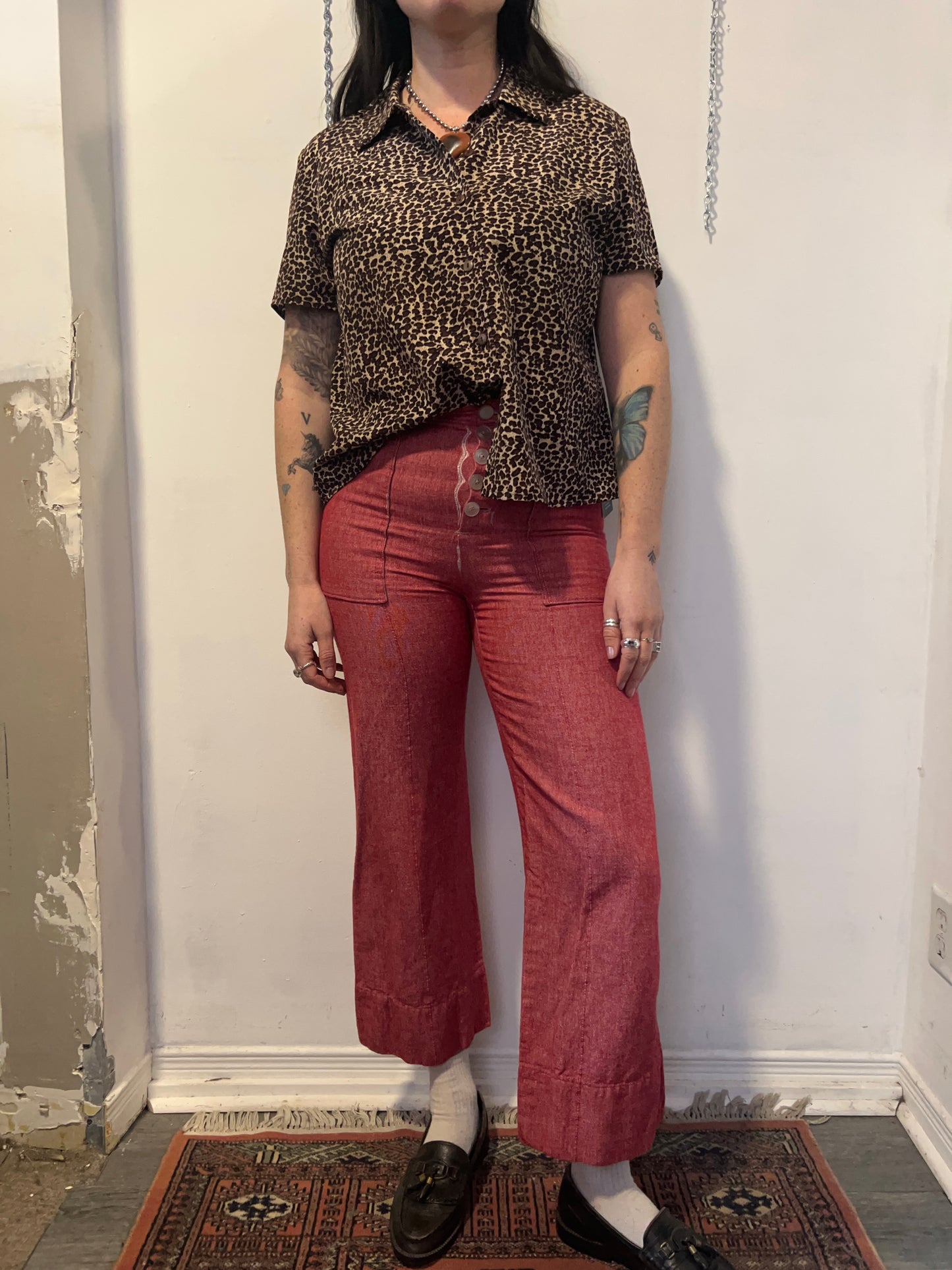 90’s Vintage Leopard Print Short Sleeve Blouse / Size M