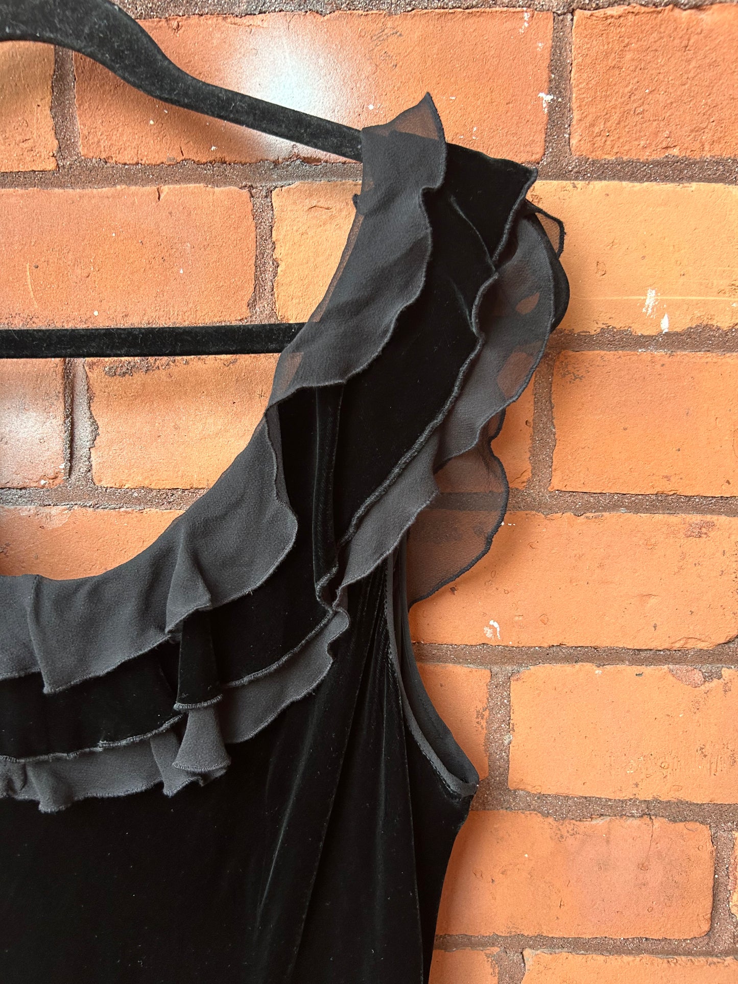 90’s Vintage Black Velvet & Silk Flutter Sleeve Maxi Dress / Size XXL