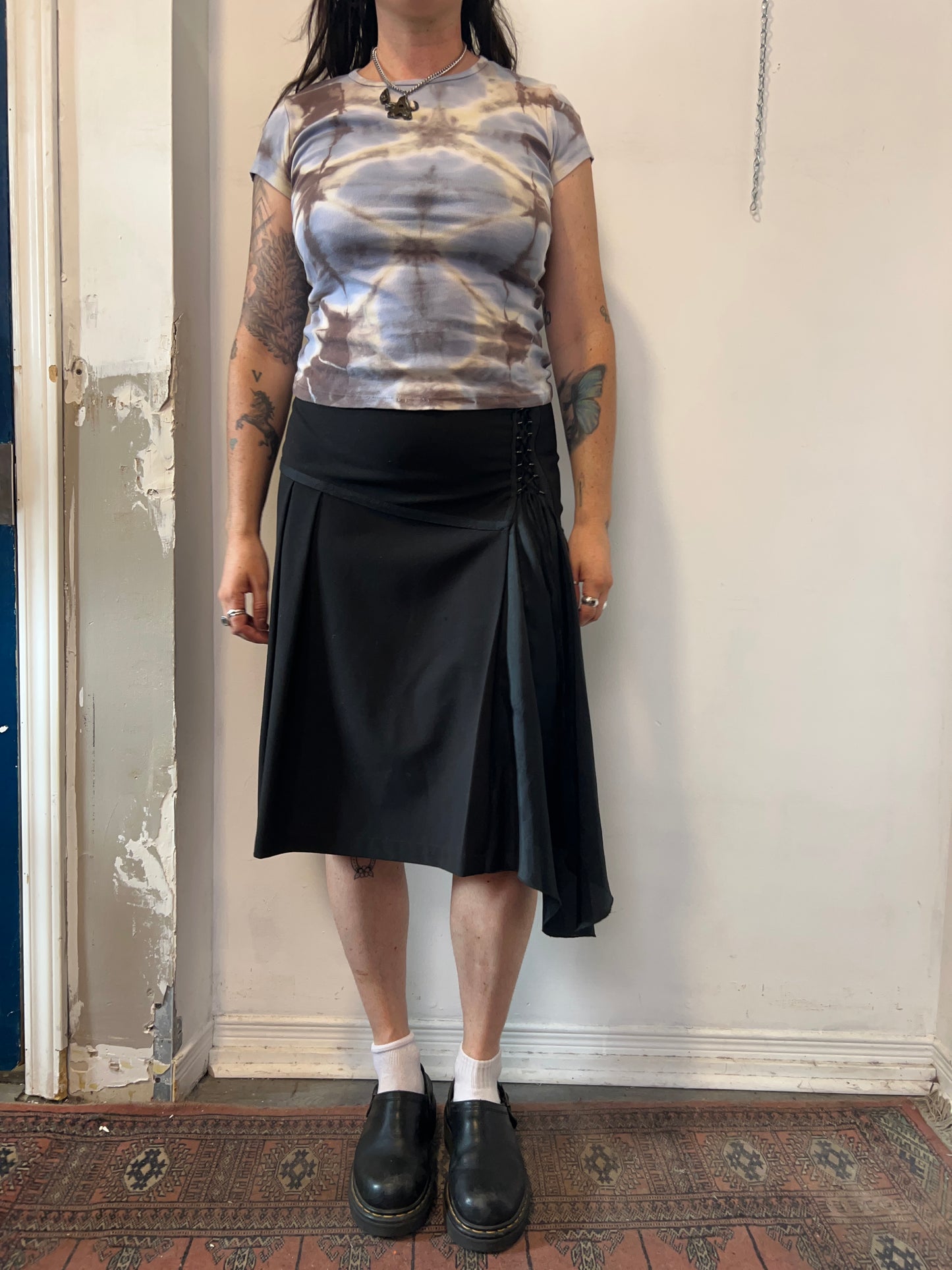 Y2K Vintage Black Asymmetrical Lace Up Midi Skirt / 34 Waist