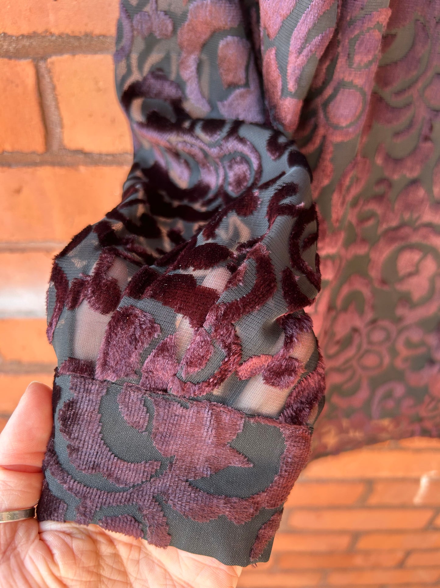 90’s Vintage Burgundy Velvet & Black Mesh Blouse / Size M