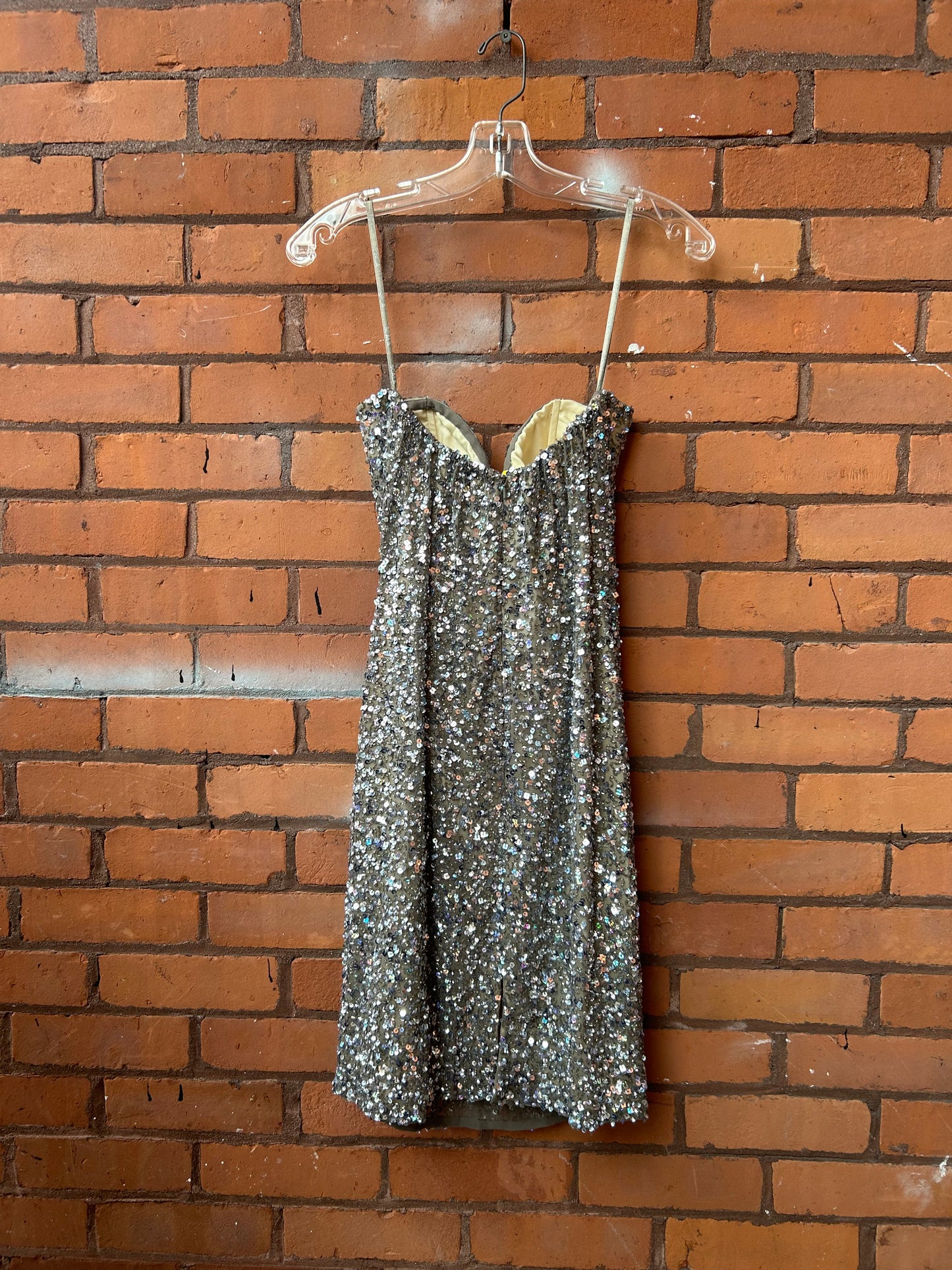 90’s Vintage Champagne Silk Sequin Sweetheart Mini Dress / Size 8-10