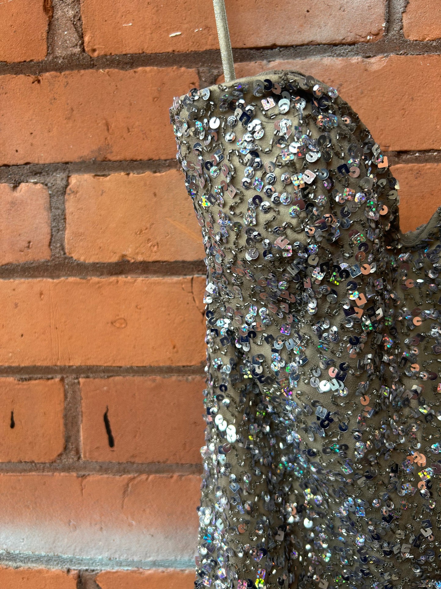 90’s Vintage Champagne Silk Sequin Sweetheart Mini Dress / Size 8-10