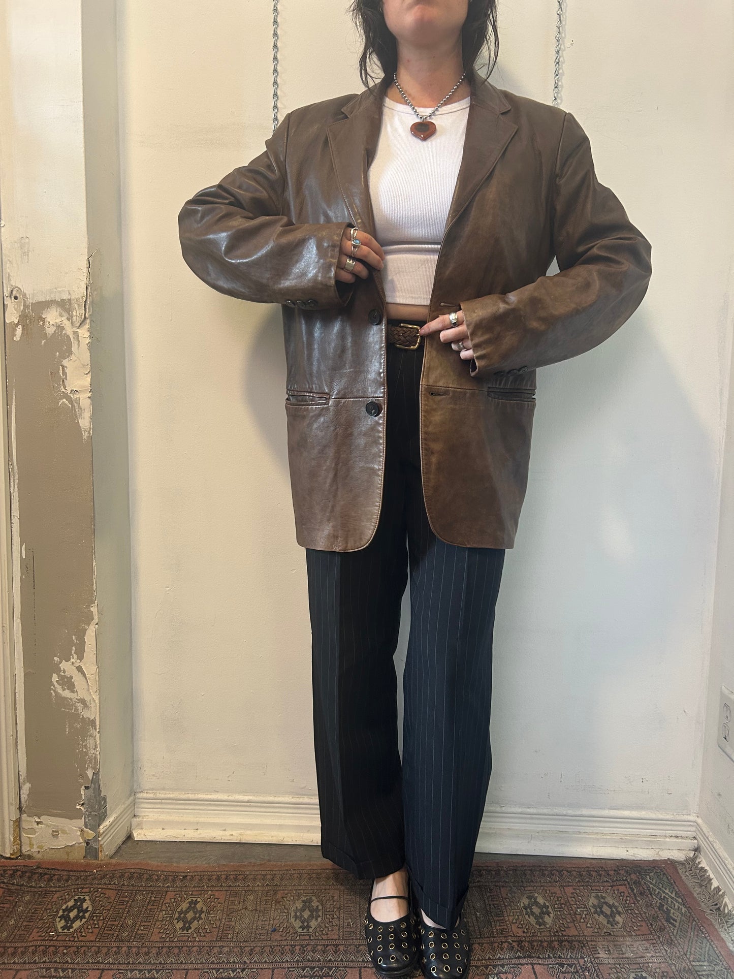 90’s Vintage Faded Brown Leather Blazer / Size L