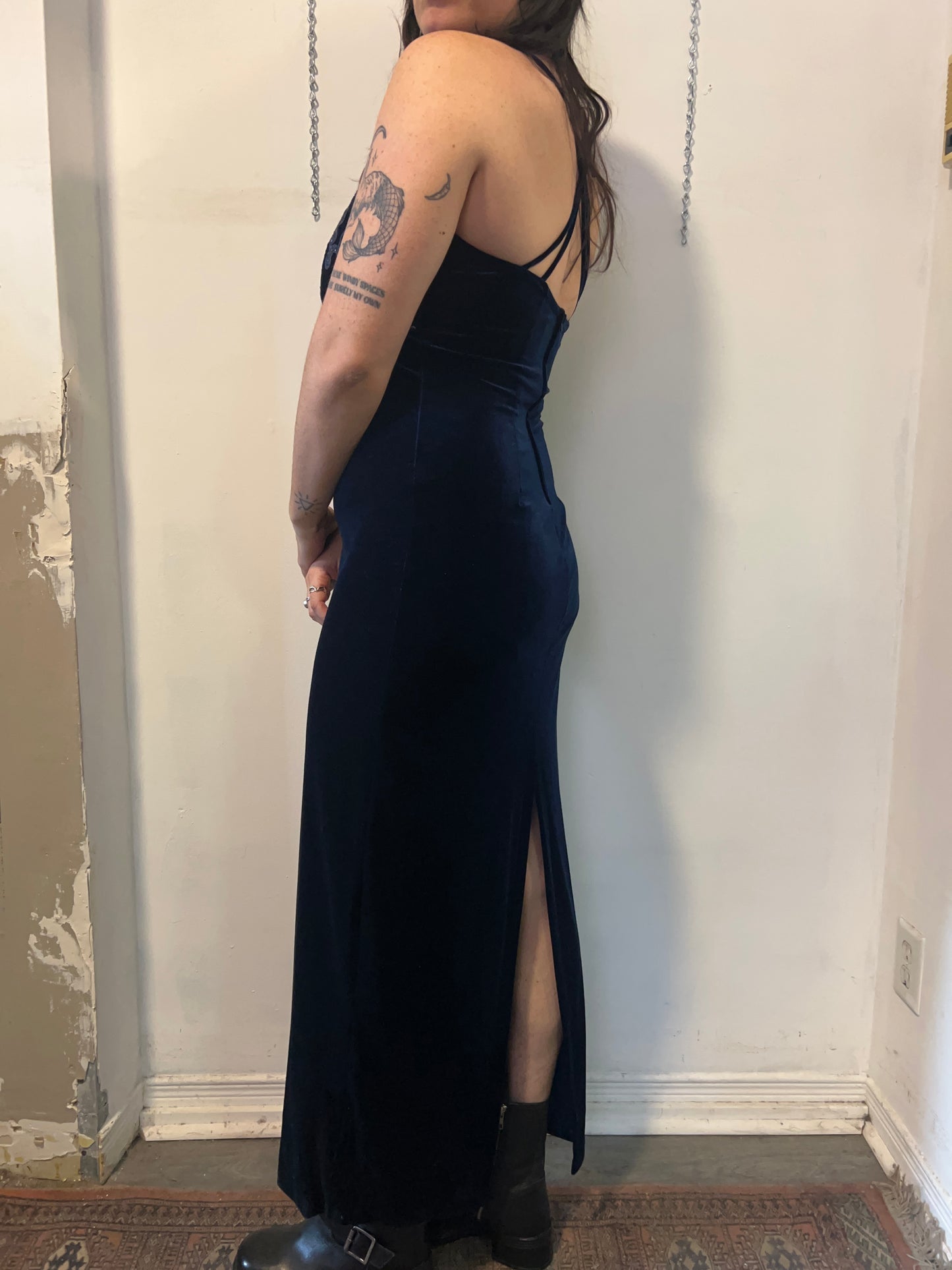 90’s Vintage Midnight Blue Velvet High Neck Maxi Dress / Size 6-8