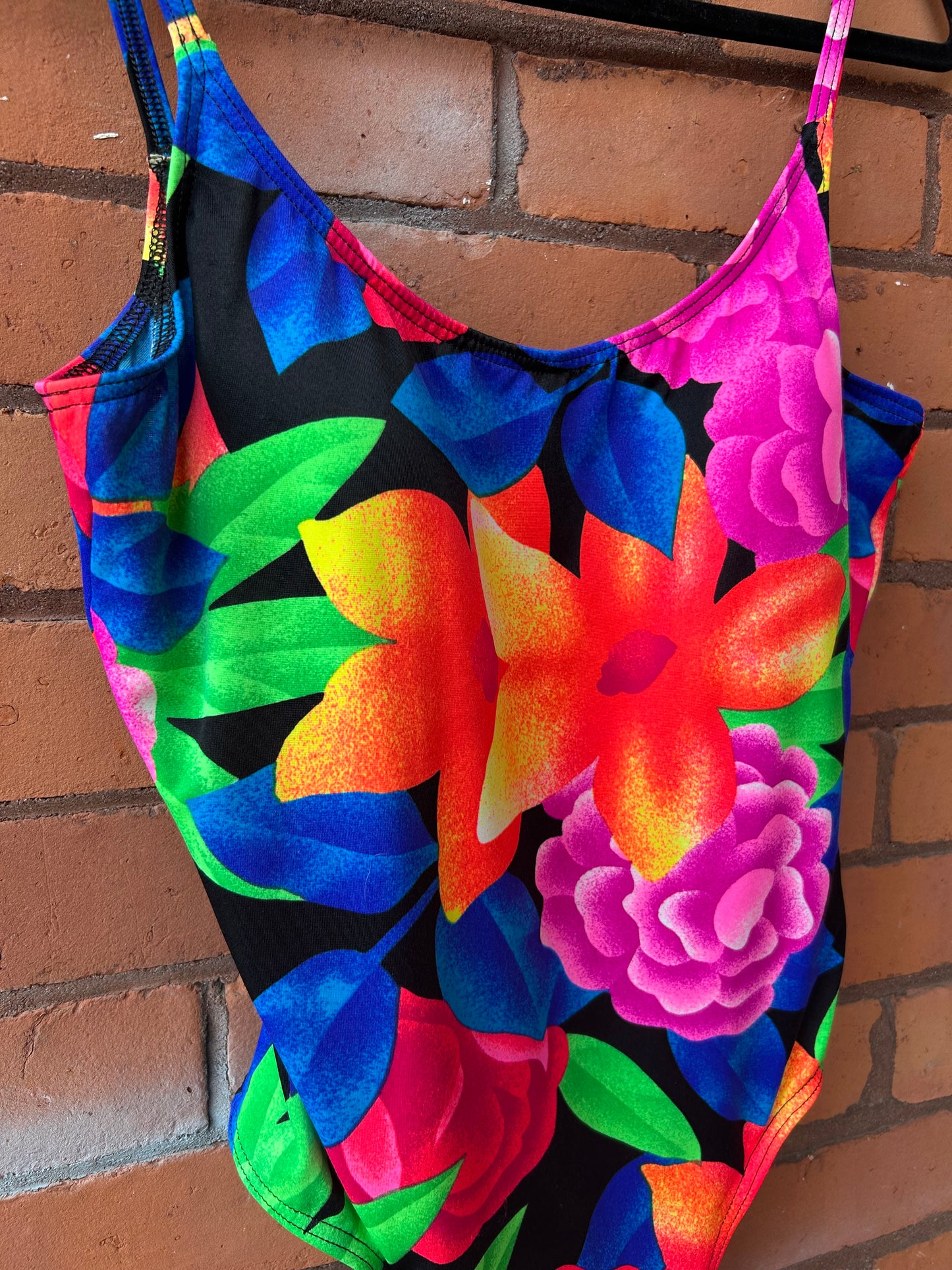 90’s Vintage Bright Floral Low Back Swim Suit / Size L