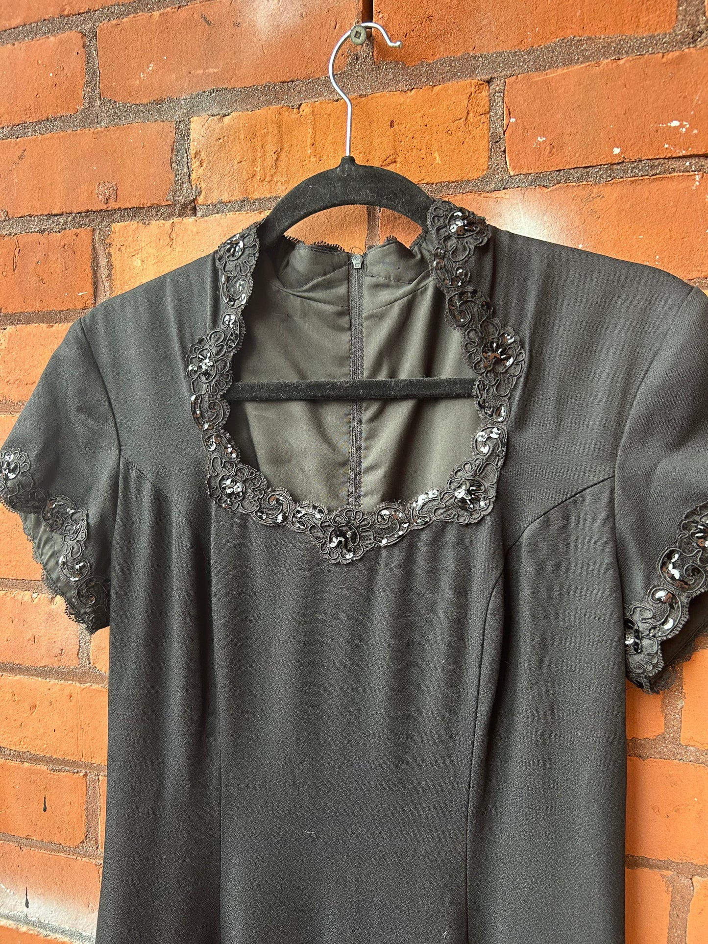 90’s Vintage Black Beaded Short Sleeve High Slit Dress / Size 8-10