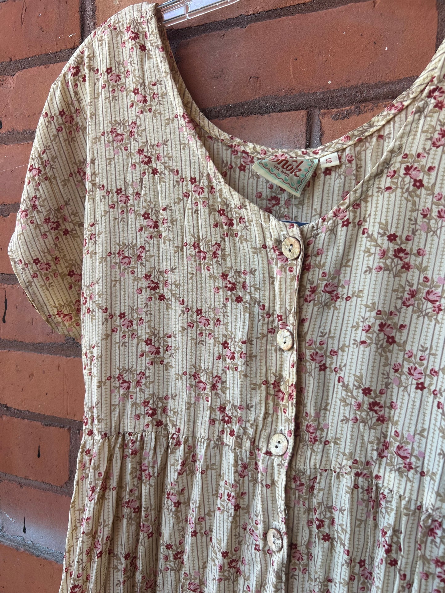 90’s Vintage Beige & Pink Floral Button Down Babydoll Dress / Size M