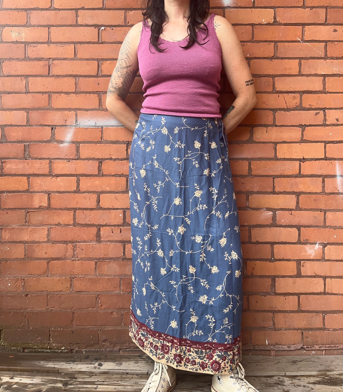 90’s Vintage Blue & Burgundy Floral Wrap Maxi Skirt / 30 Waist