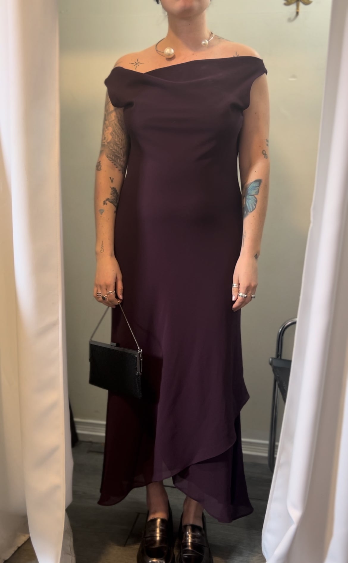 90’s Vintage Eggplant Purple Cowl Neck Off the Shoulder Dress / Size 12-14