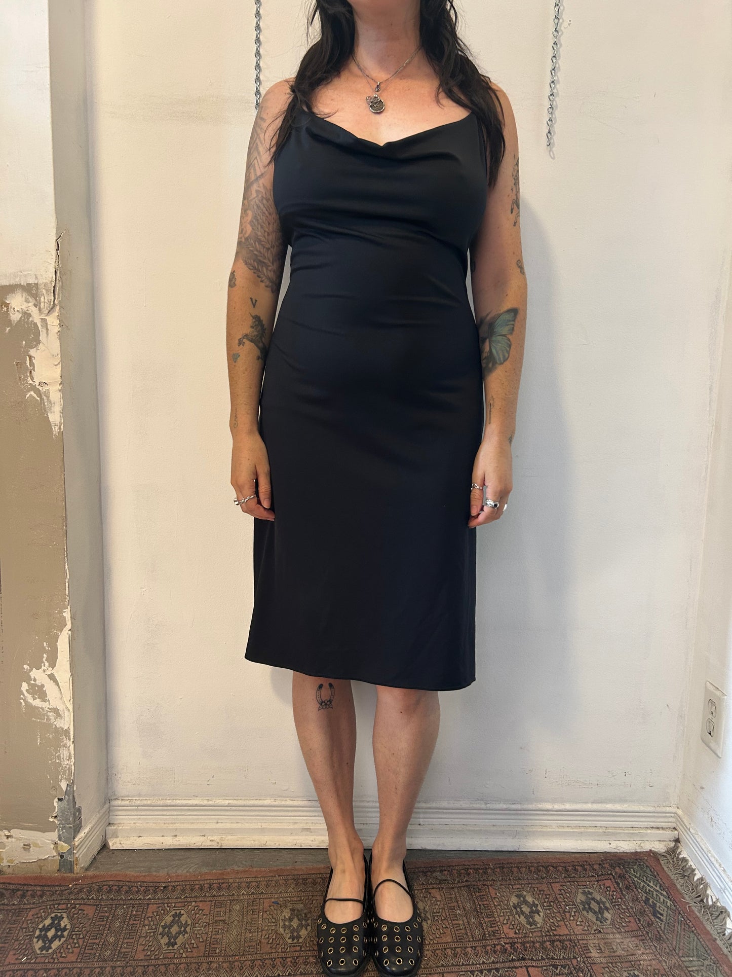 90’s Vintage Black Cowlneck Strappy Midi Dress / Size L