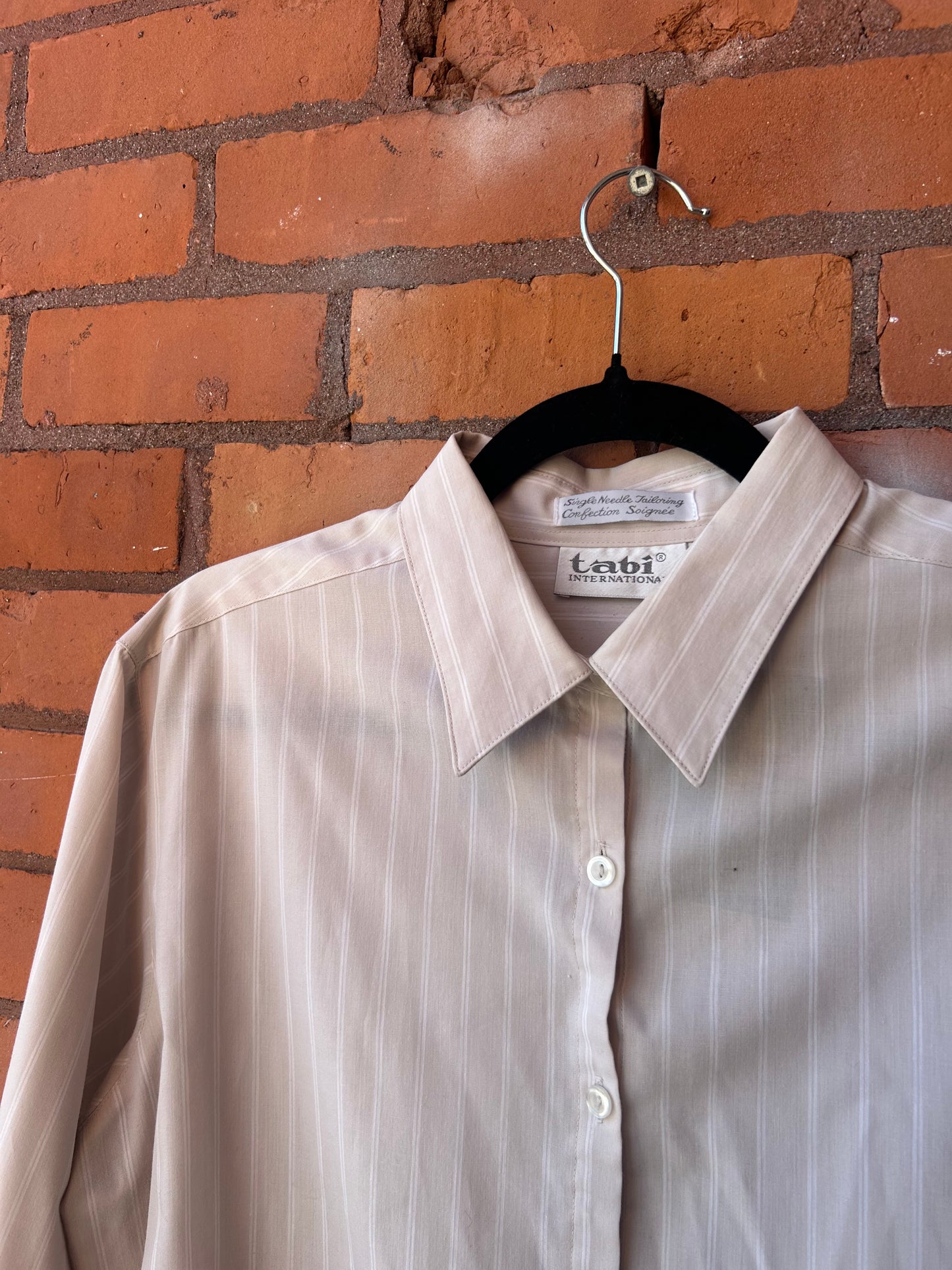 90’s Vintage Beige & White Pinstripe Button Down Shirt / Size L