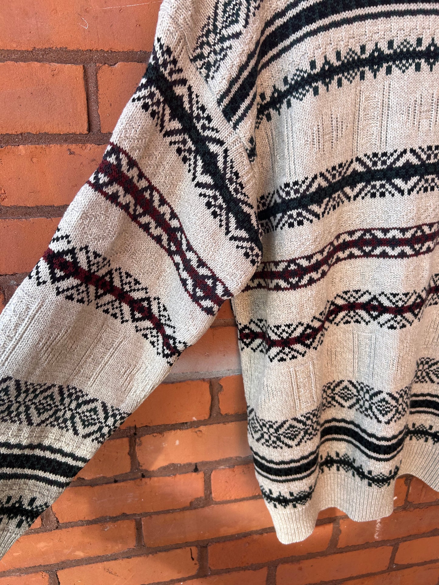 90’s Vintage Burgundy & Green Striped Cotton Knit Sweater / Size XL