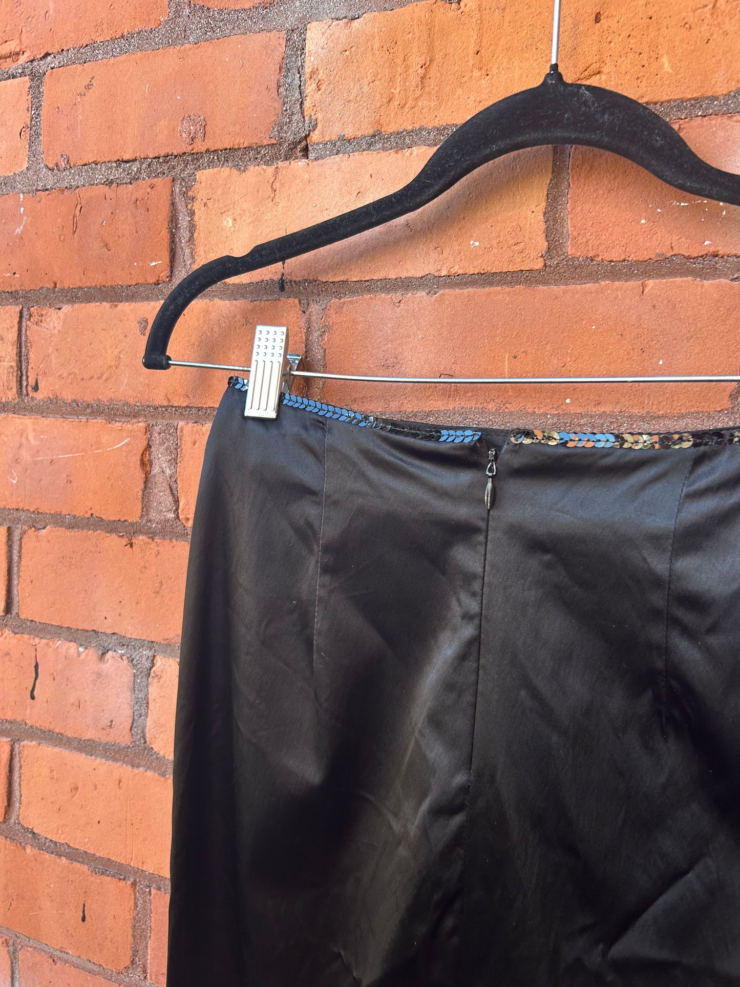 90’s Vintage Black Sequin Satin Midi Skirt / 24 Waist