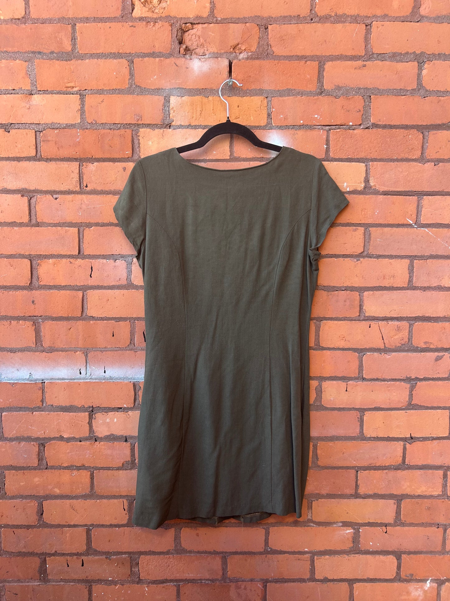 90’s Vintage Olive Linen Blend Button Down Tshirt Dress / Size 10