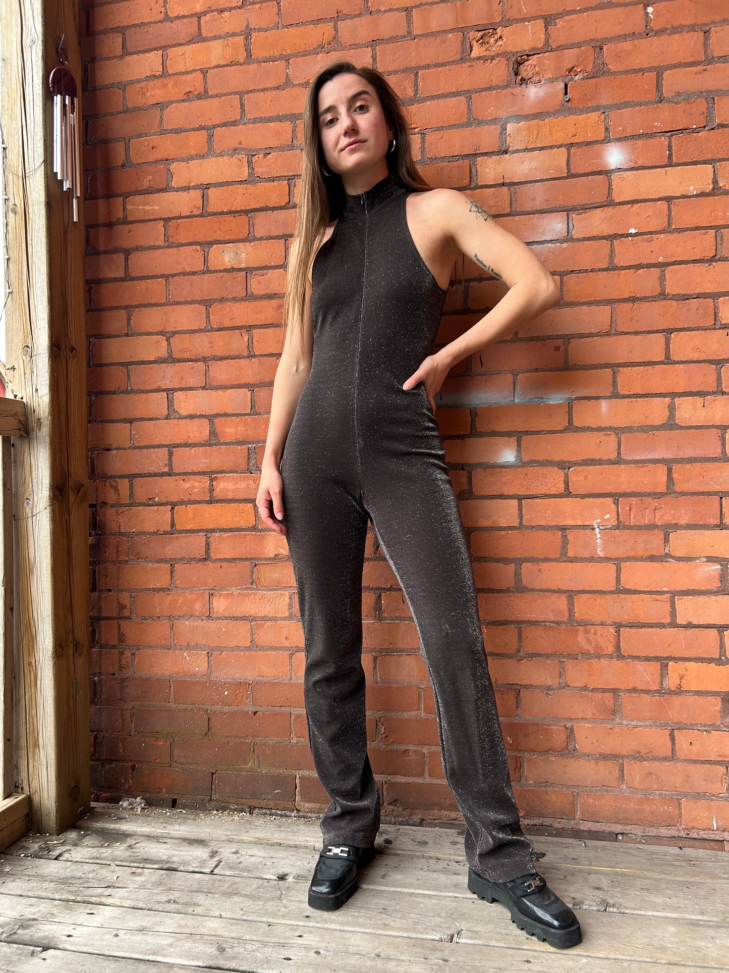 90’s Vintage Brown Sparkly Zip Up Cat Suit / Size S