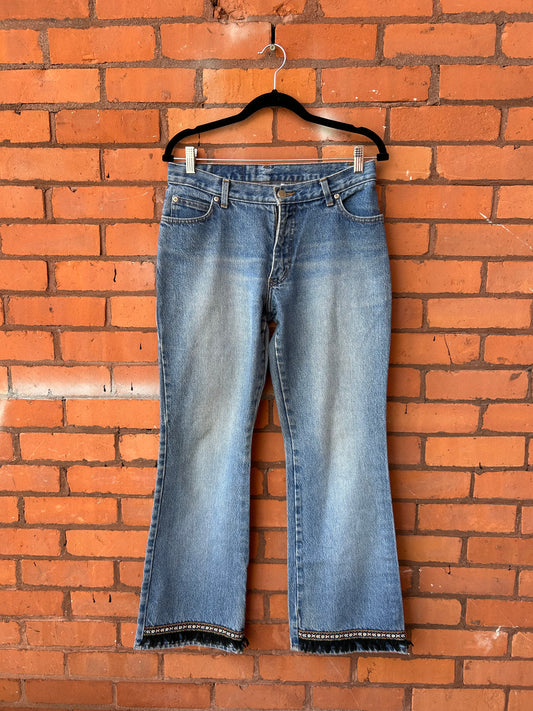 90’s Vintage Fringe Trim Mid Rise Flare Jeans / 32 Waist