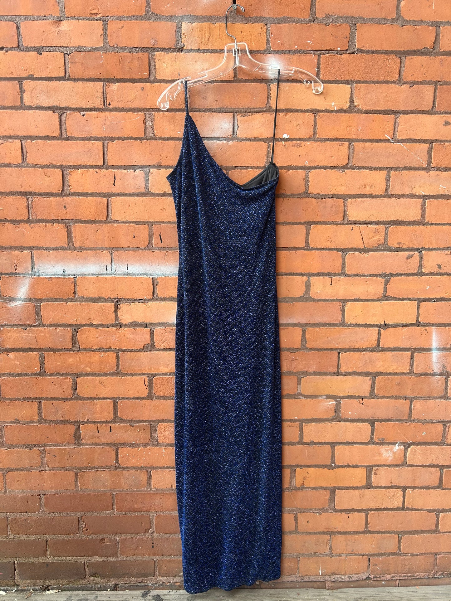 90’s Vintage Sparkly Midnight Blue One Shoulder Tie Back Dress / Size 6-8
