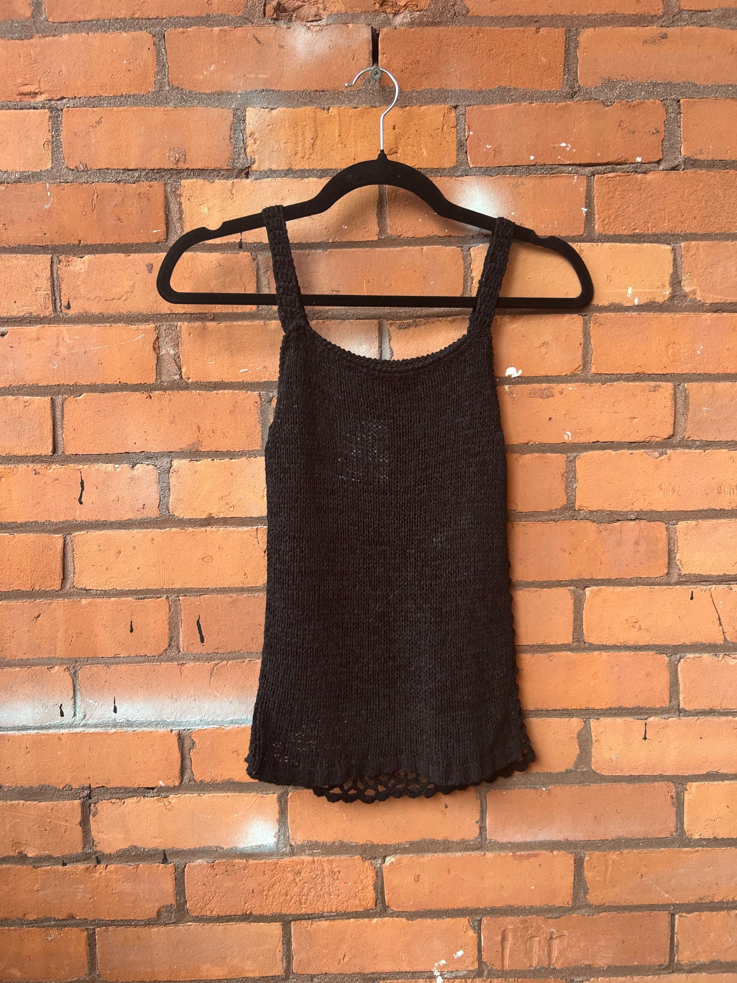 90’s Vintage Black Floral Beaded Crotchet Knit Tank Top / Size XS