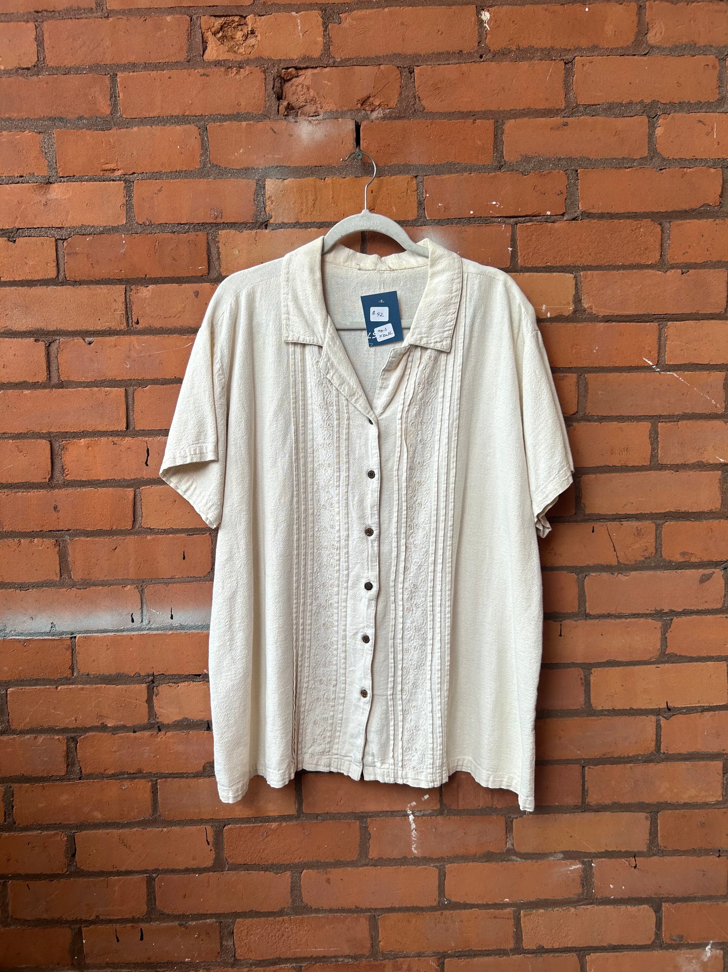 90’s Vintage Beige Cotton Button Short Sleeve Down Shirt / Size XL