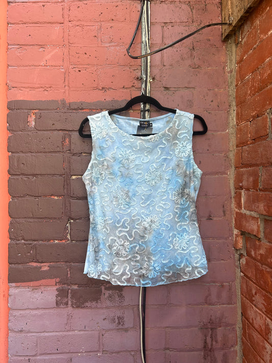 90's Vintage Blue & Grey Floral Mesh Overlay Tank / Size M