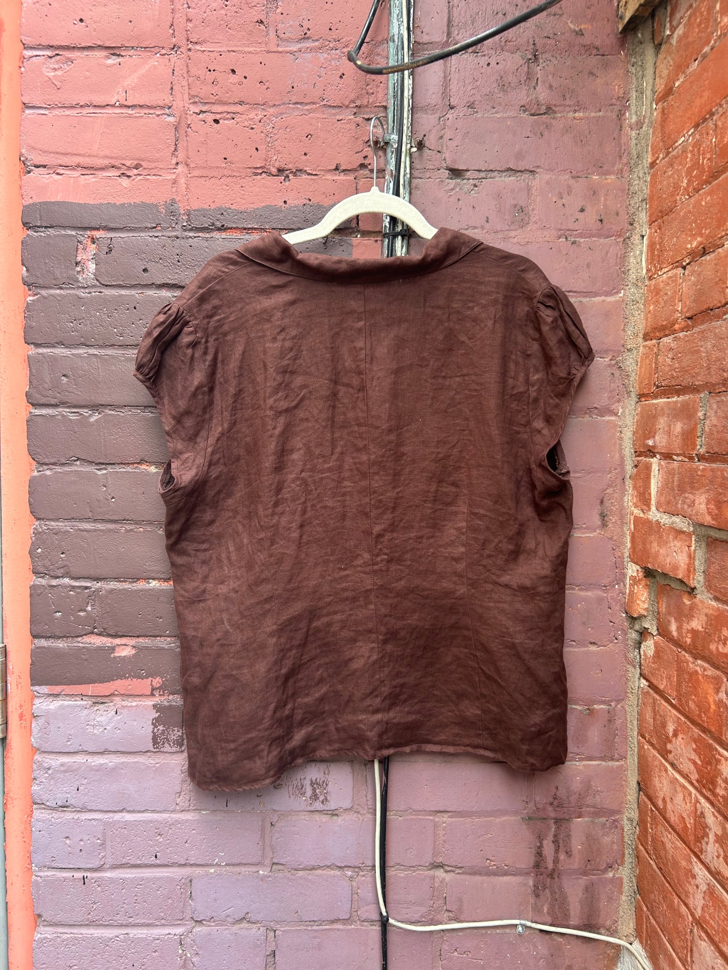 Y2K Vintage Brown Linen Cap Sleeve Blouse / Size XL