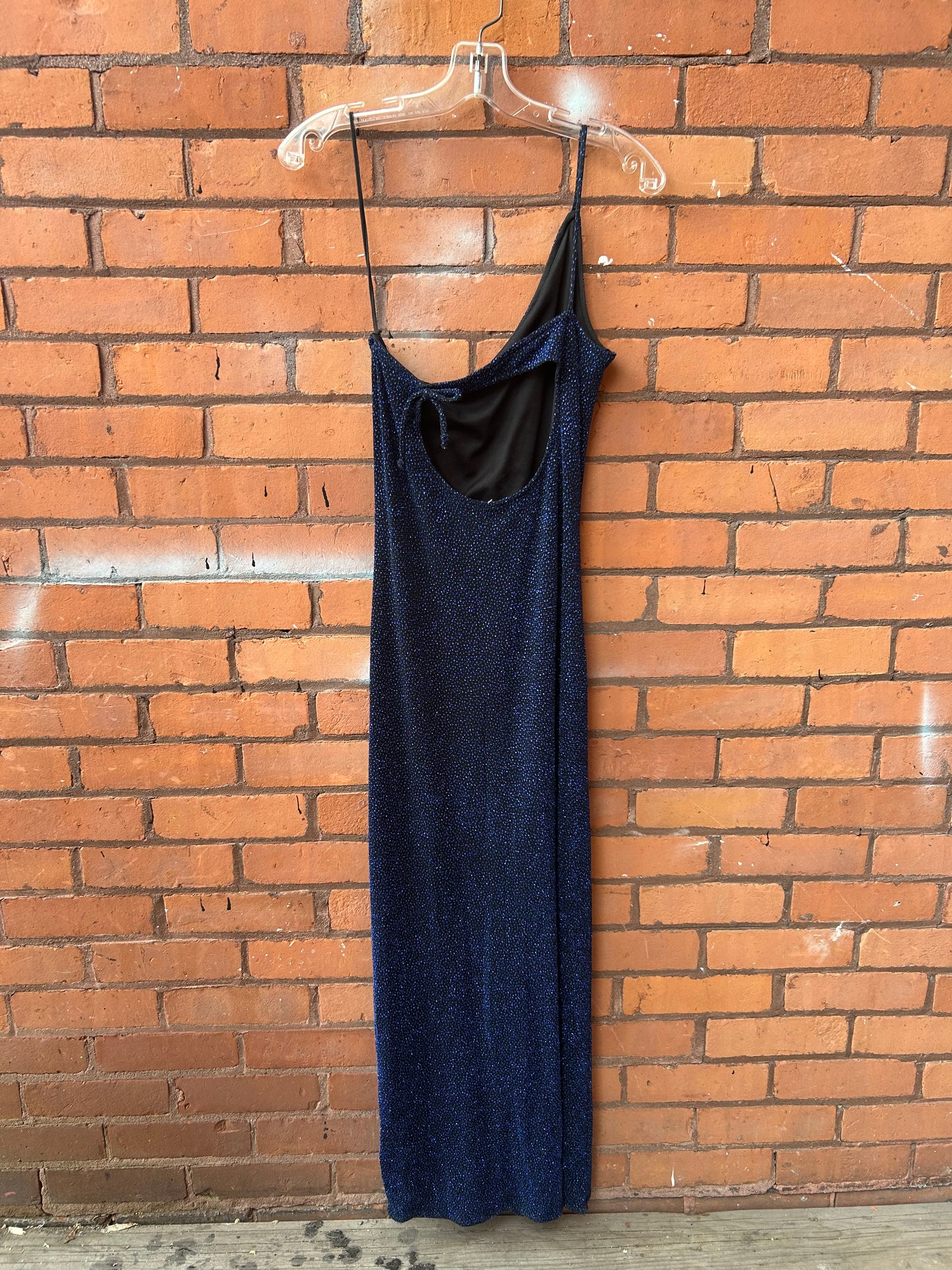90’s Vintage Sparkly Midnight Blue One Shoulder Tie Back Dress / Size 6-8